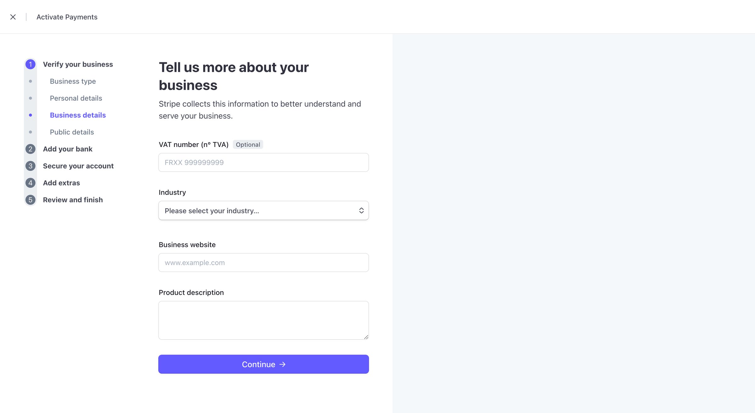 Stripe - Activate your account – New Business – Stripe screen