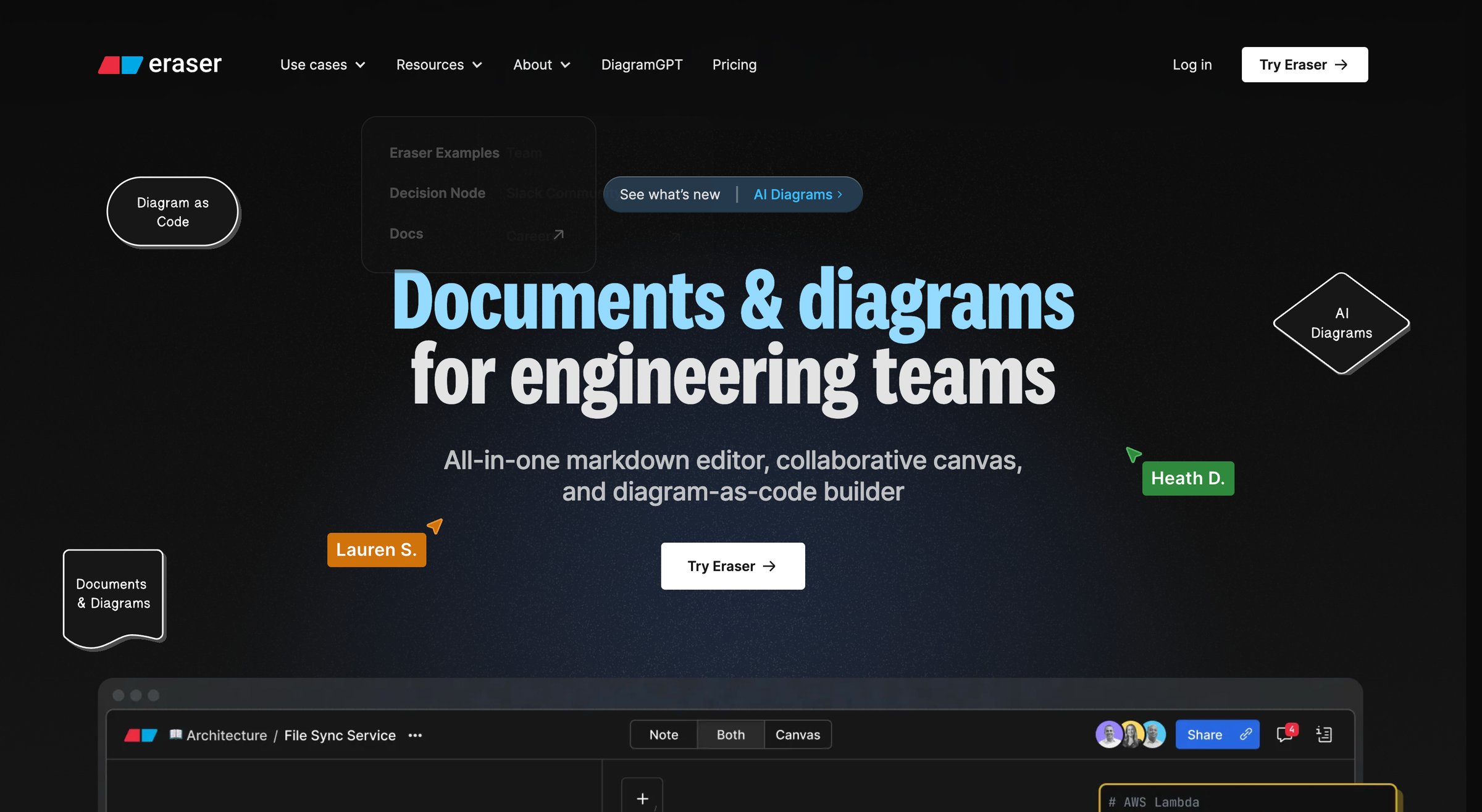 Eraser - Eraser – Docs and Diagrams for Engineering Teams screen