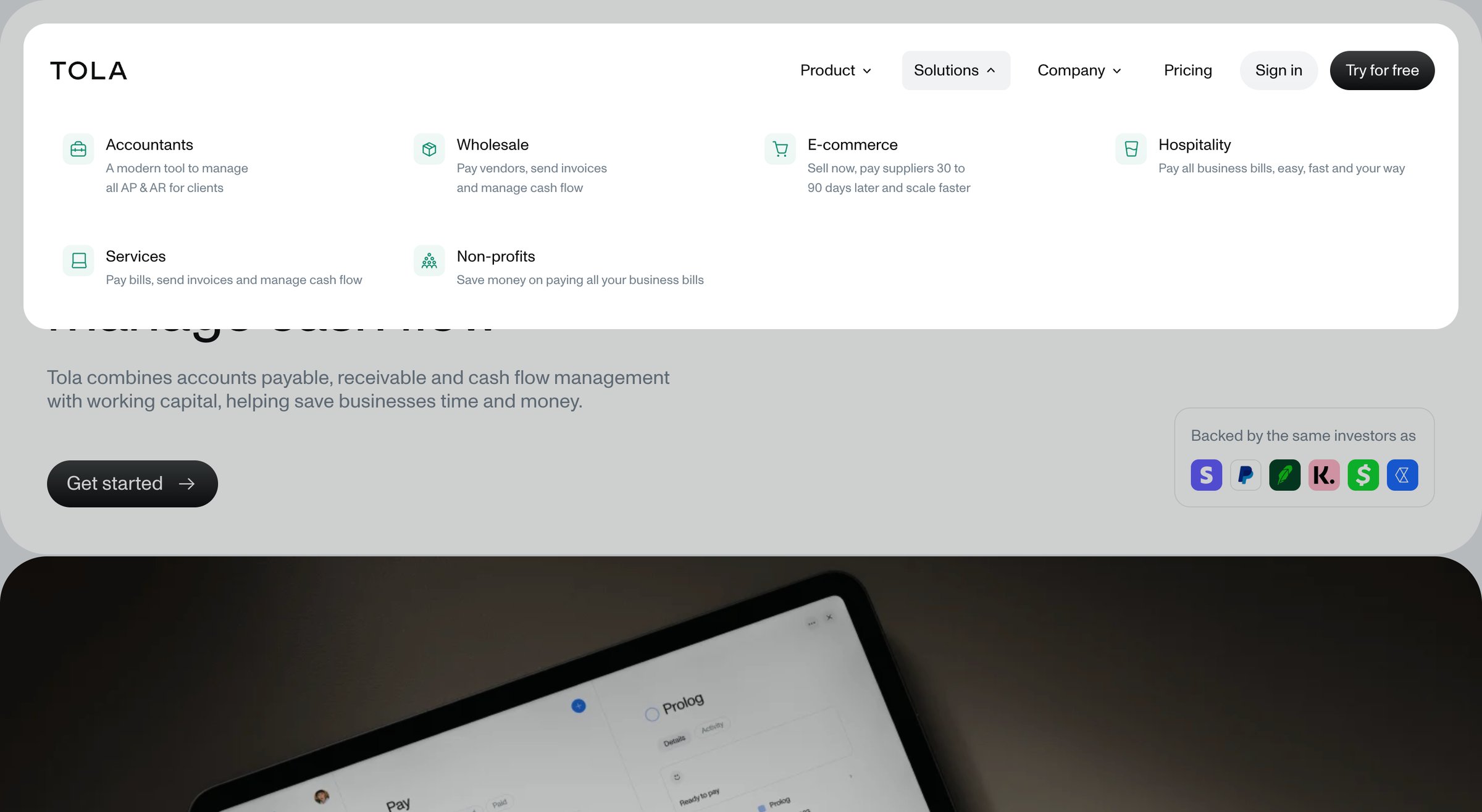 Tola - Tola - Accounts payable, accounts receivable and cash flow manage screen