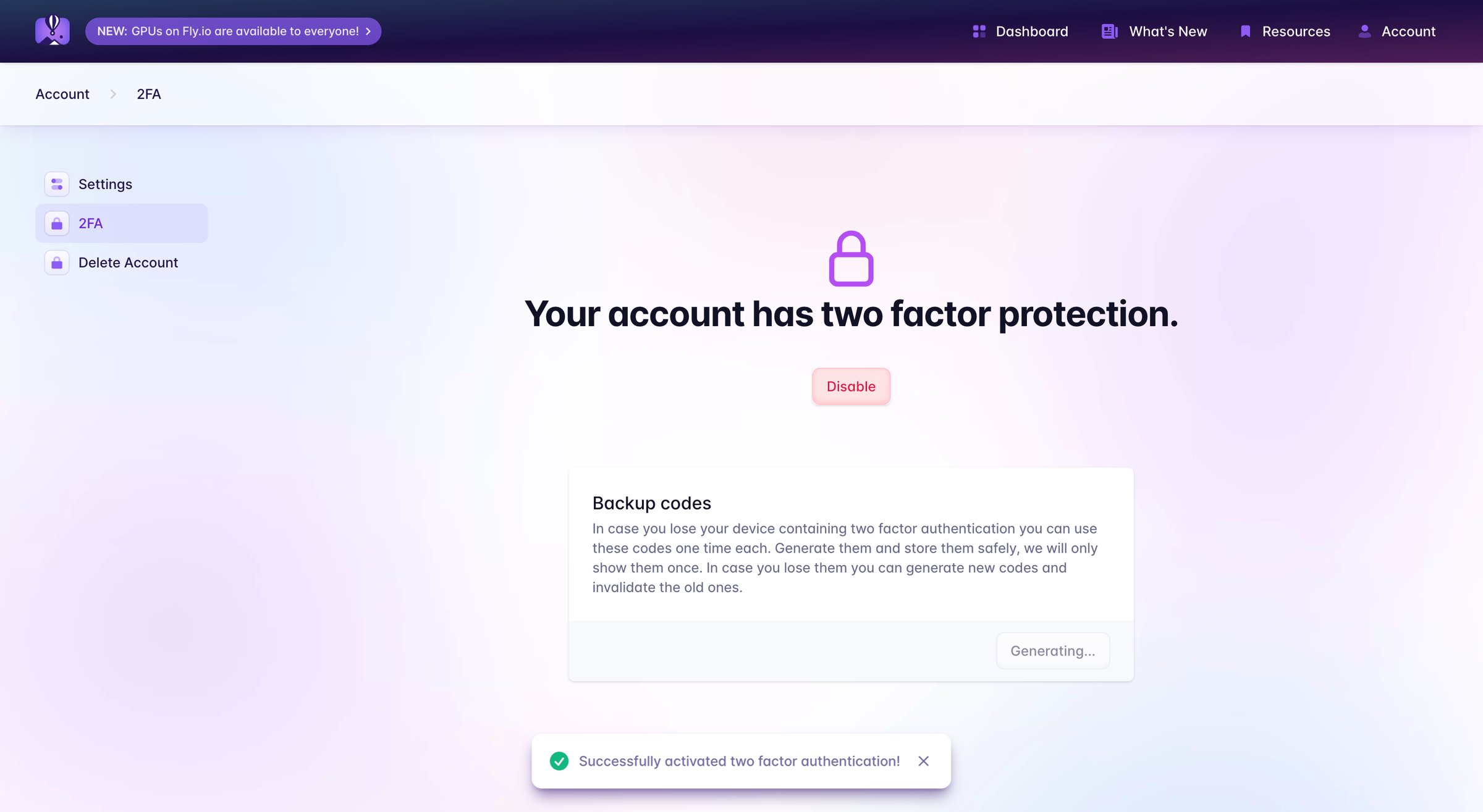 Fly - Two Factor Authentication · Fly screen