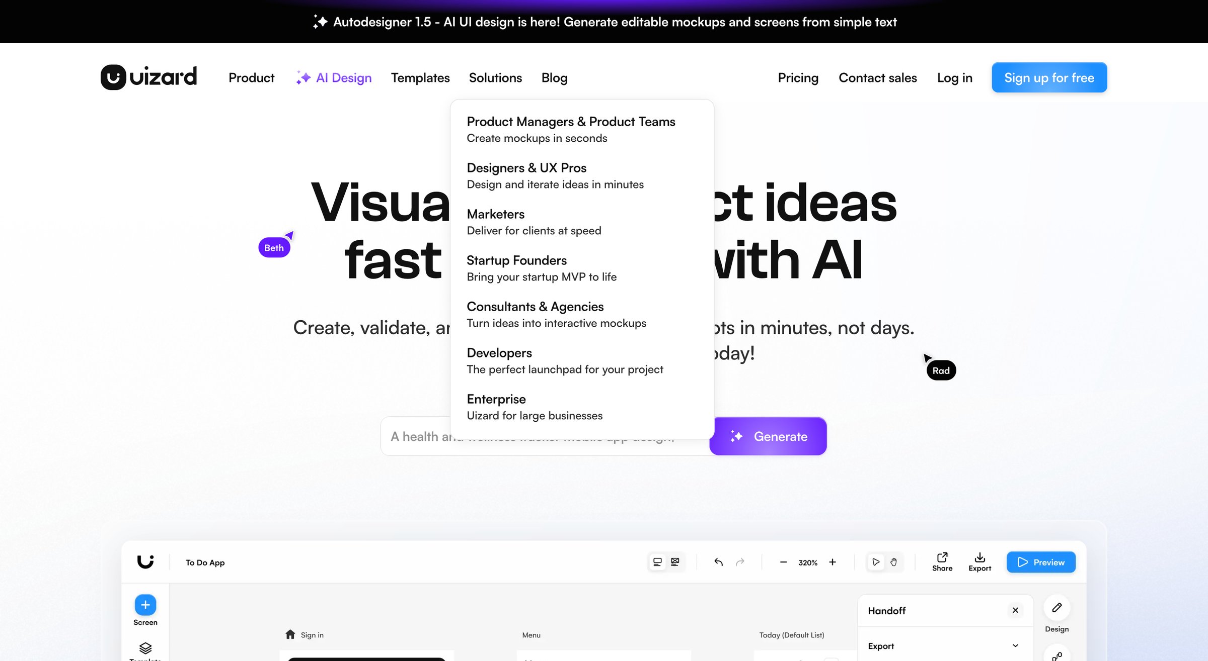 Uizard - Uizard | UI Design Made Easy, Powered By AI Sign Up Free screen