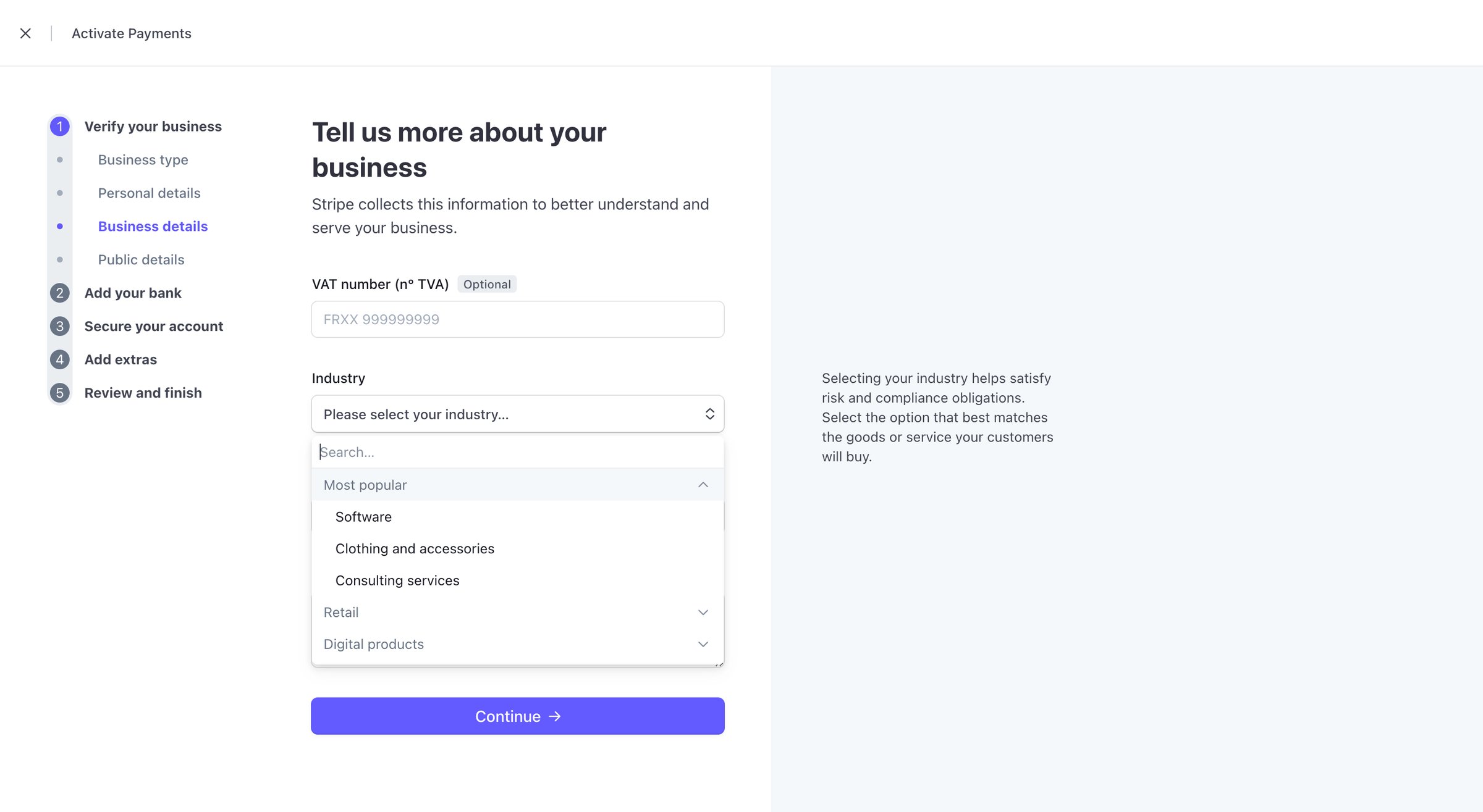 Stripe - Activate your account – New Business – Stripe screen