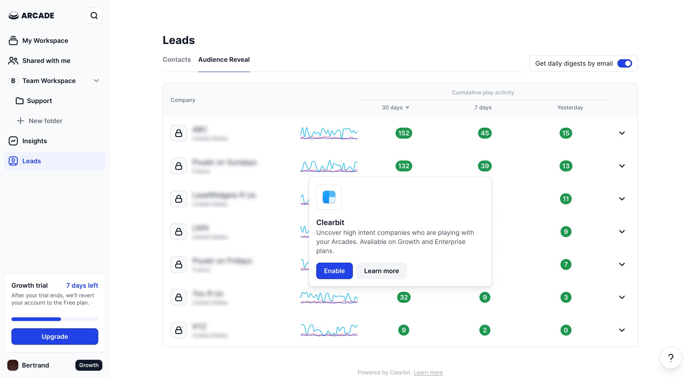 Arcade - Leads screen