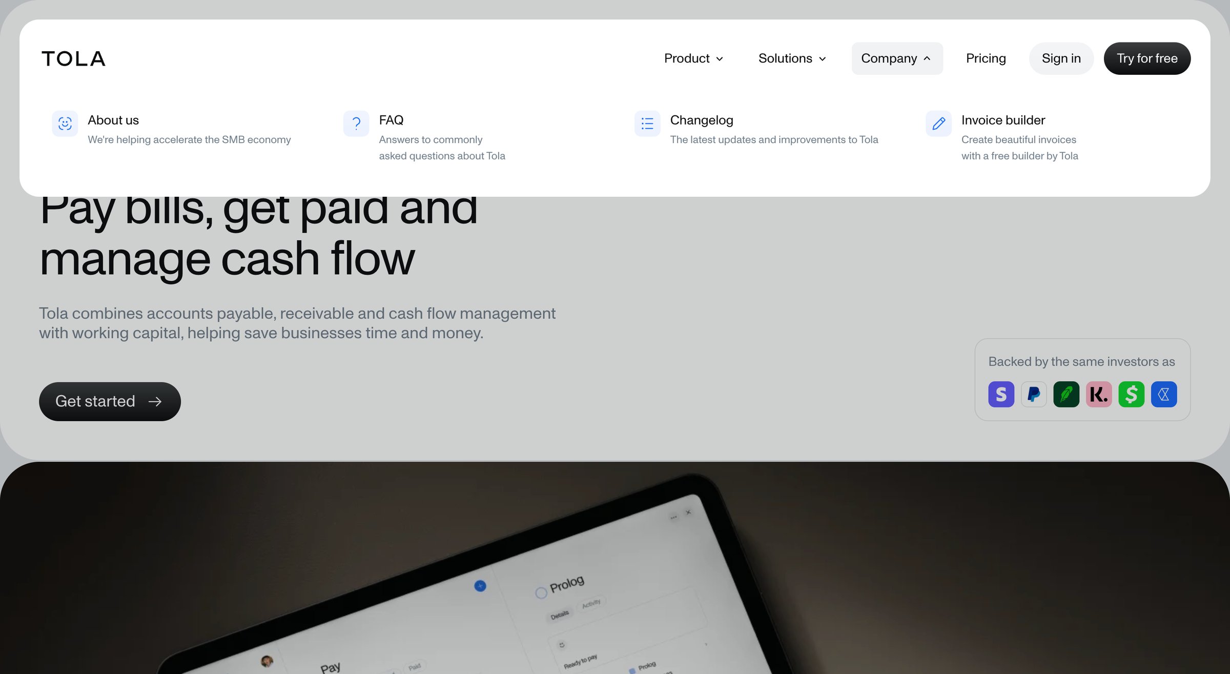 Tola - Tola - Accounts payable, accounts receivable and cash flow manage screen