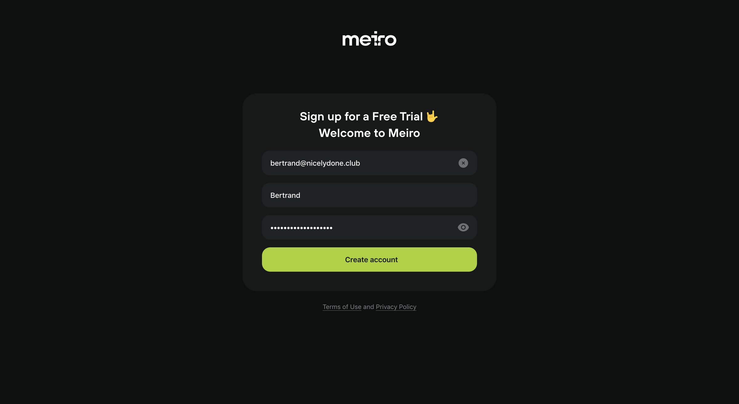 Meiro - Log in · Meiro screen