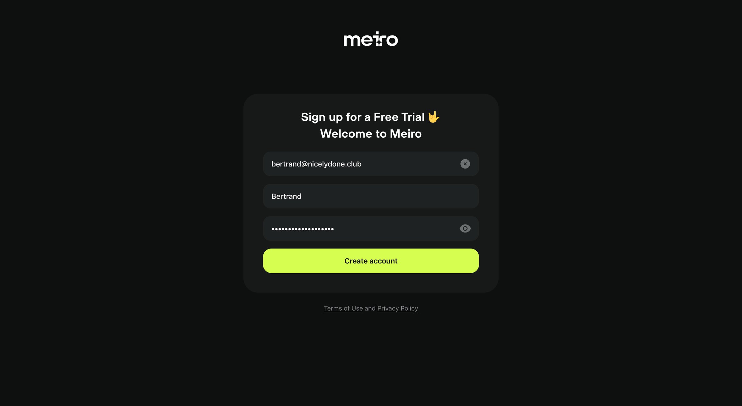 Meiro - Log in · Meiro screen