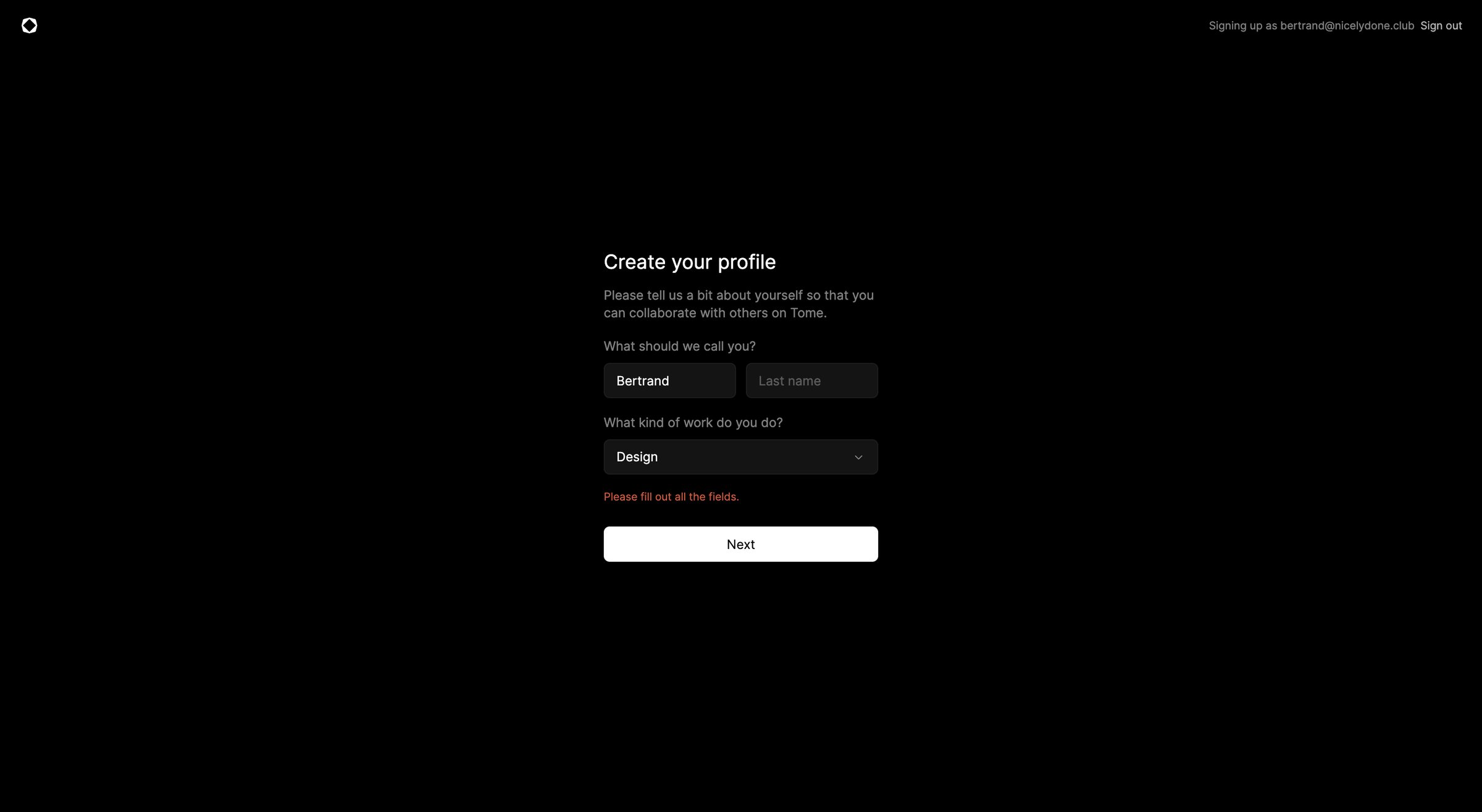 Tome - Tome - Create Profile screen