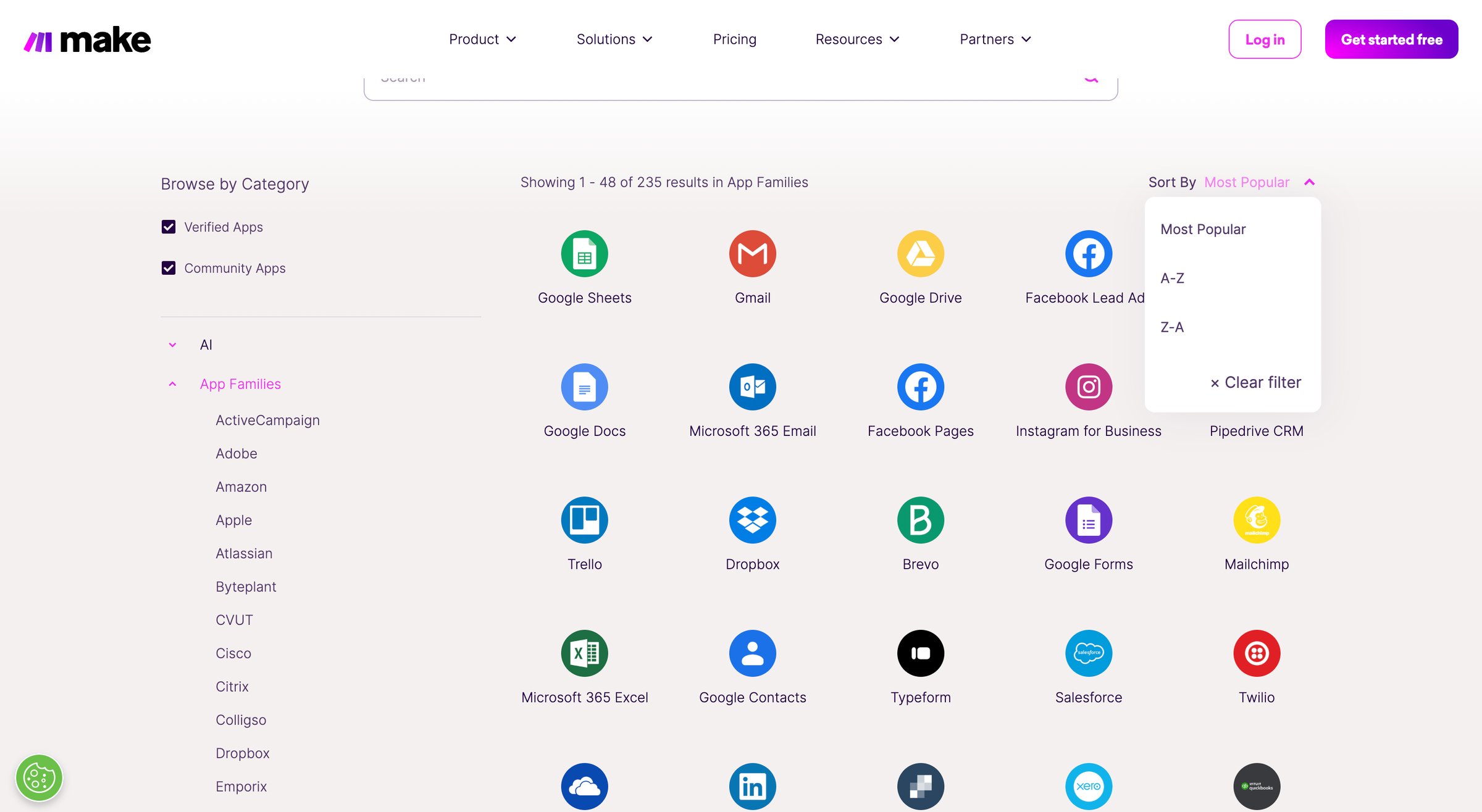Make - Integrations Software Integrations 1,800+ Integration Apps Mak screen