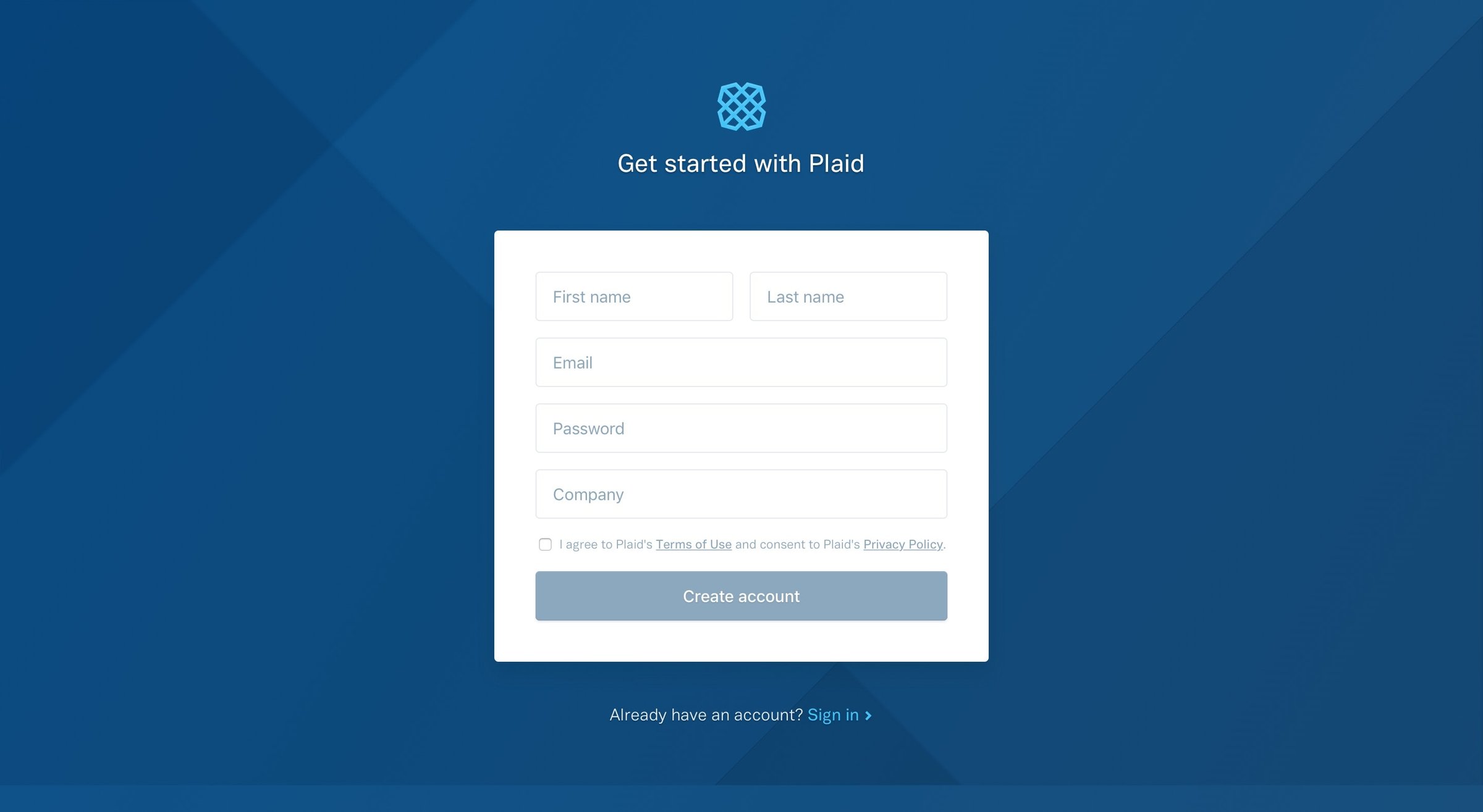 Plaid - Sign up screen