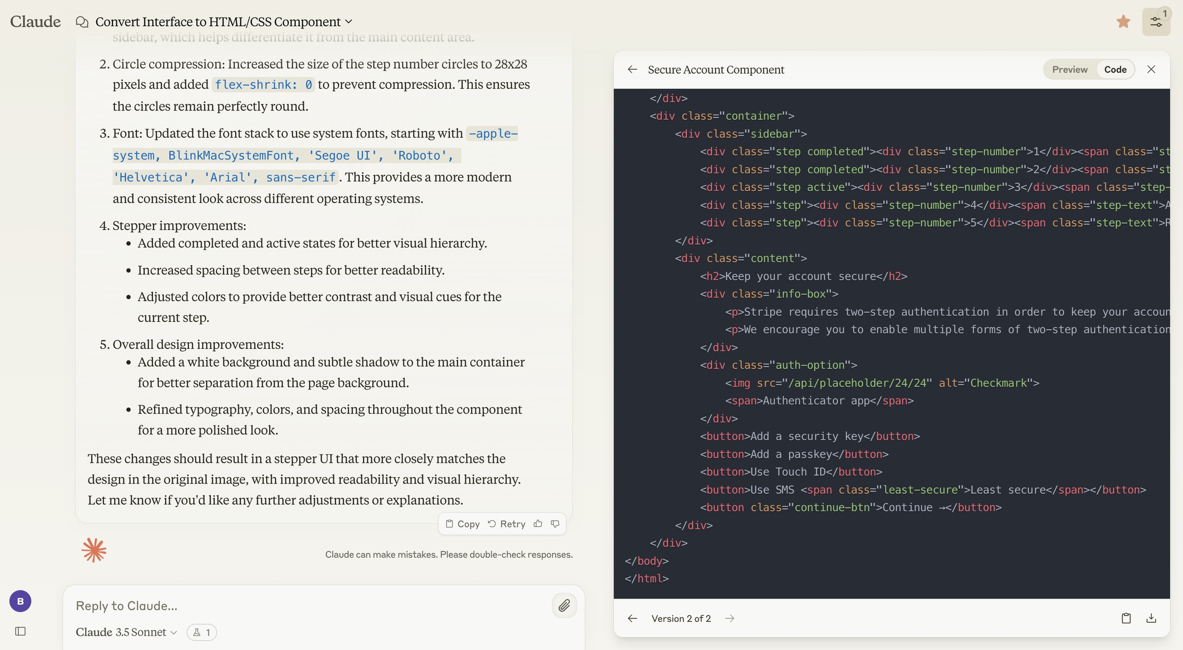 Claude - Convert Interface to HTMLCSS Component - Claude screen