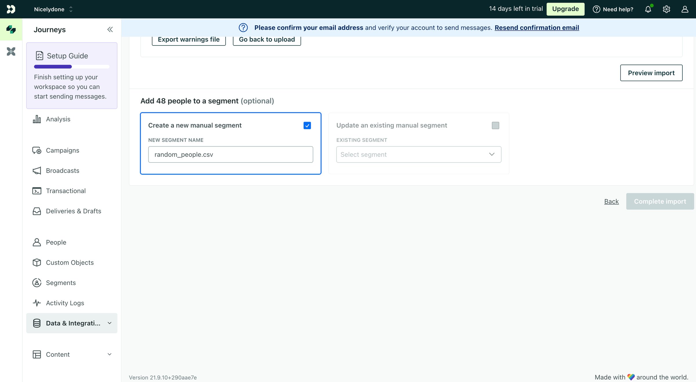 Customer.io - Review | random_people.csv Imports Customer.io screen