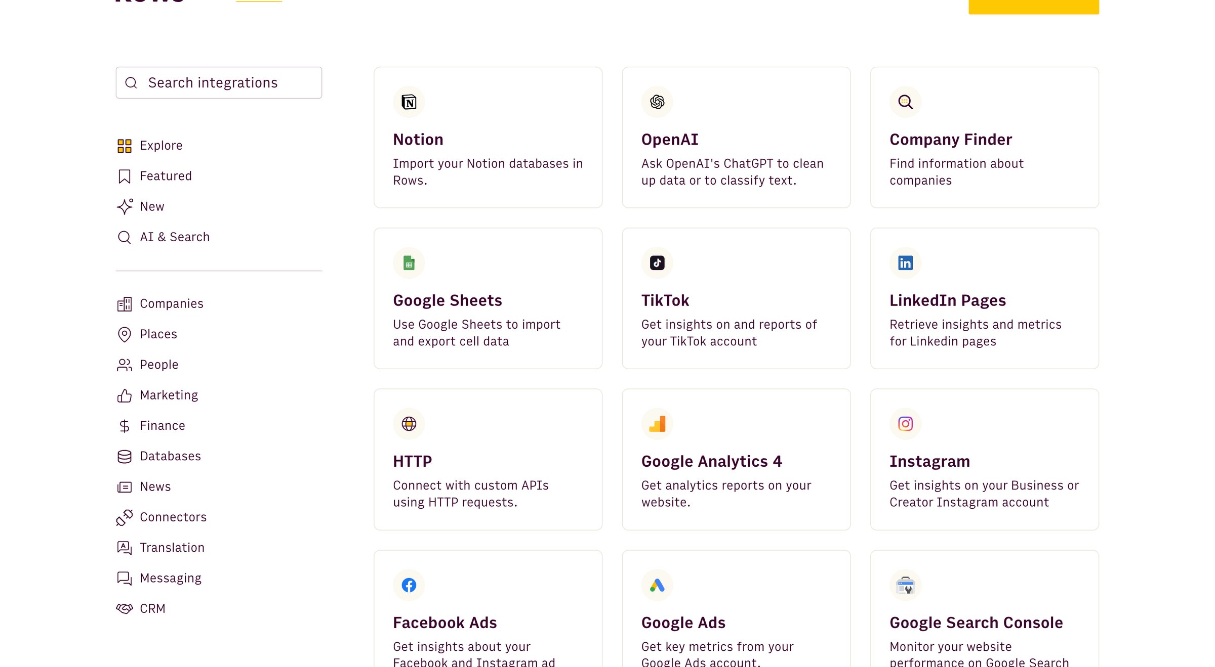 Rows - Integrations | Rows screen