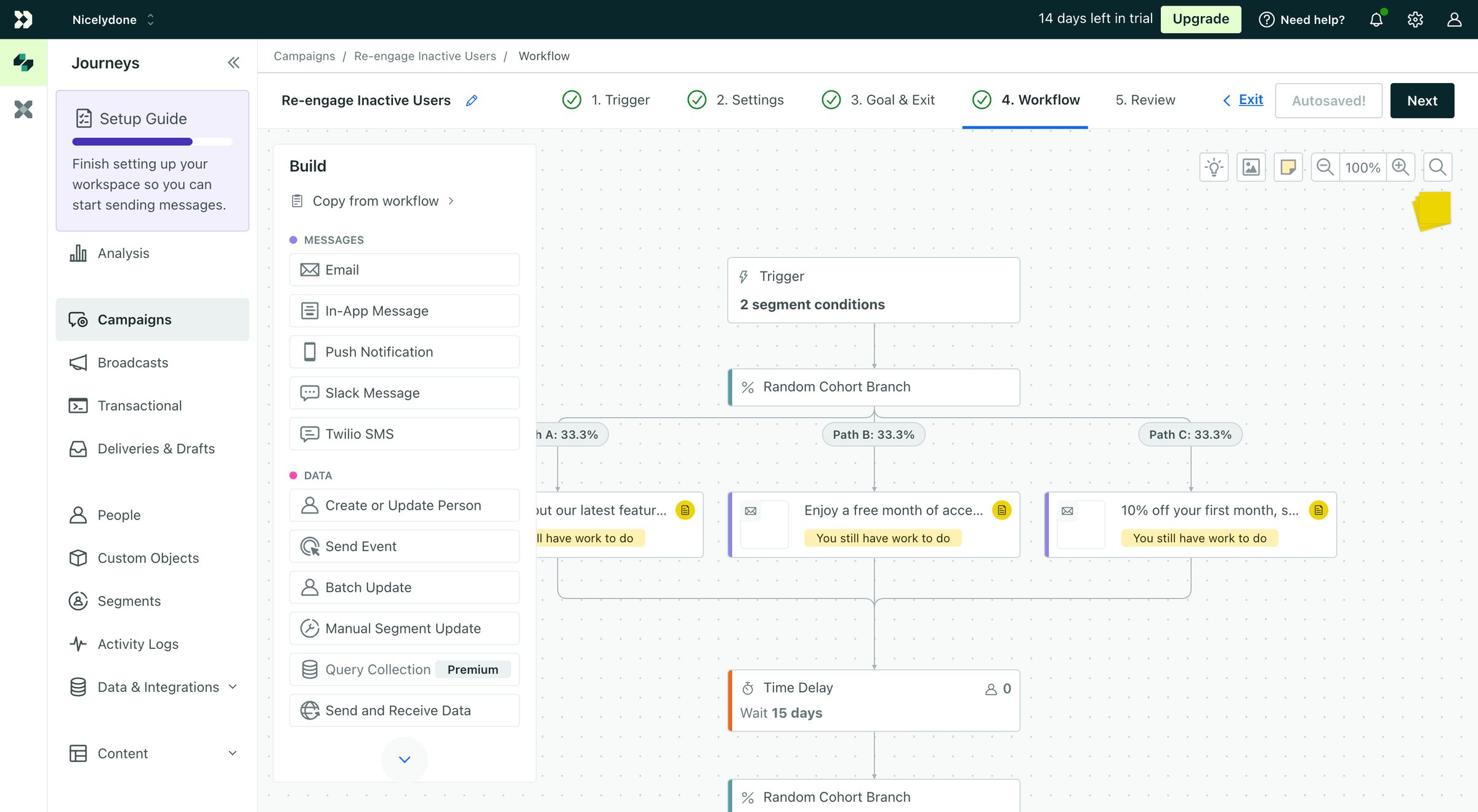 Customer.io - Workflow | Re-engage Inactive Users Campaigns Customer.io screen