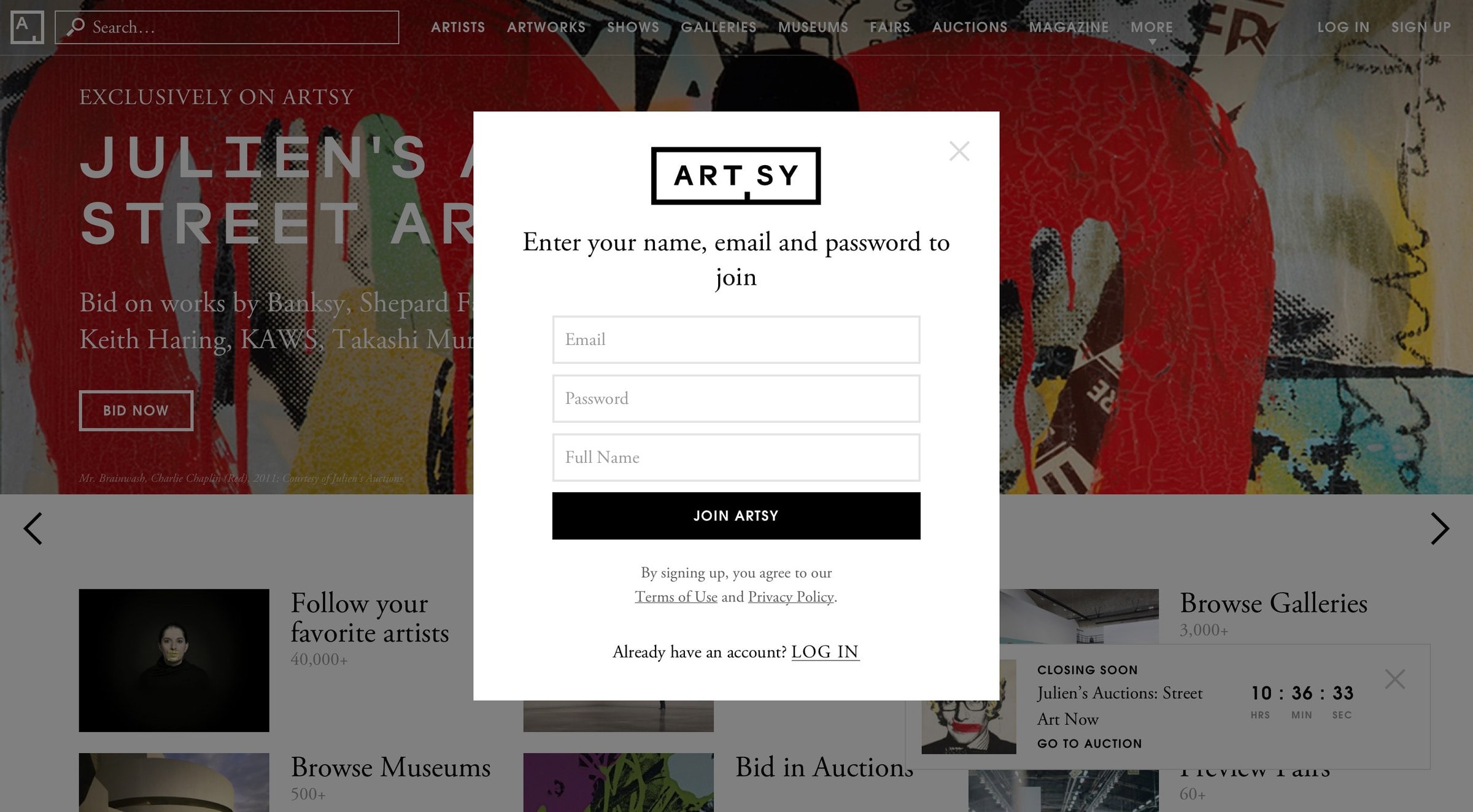 Artsy - Sign up screen