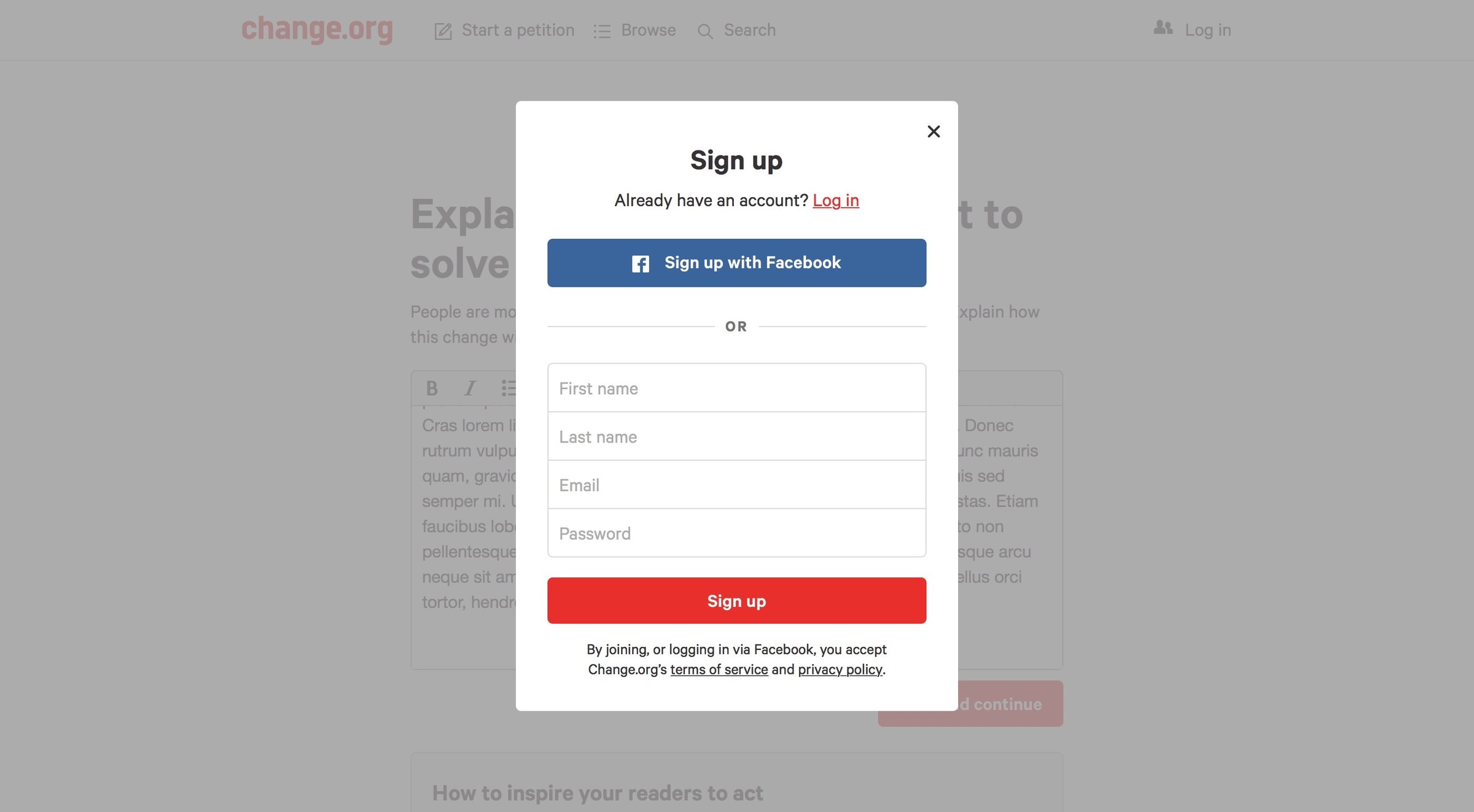 Change - Sign up screen