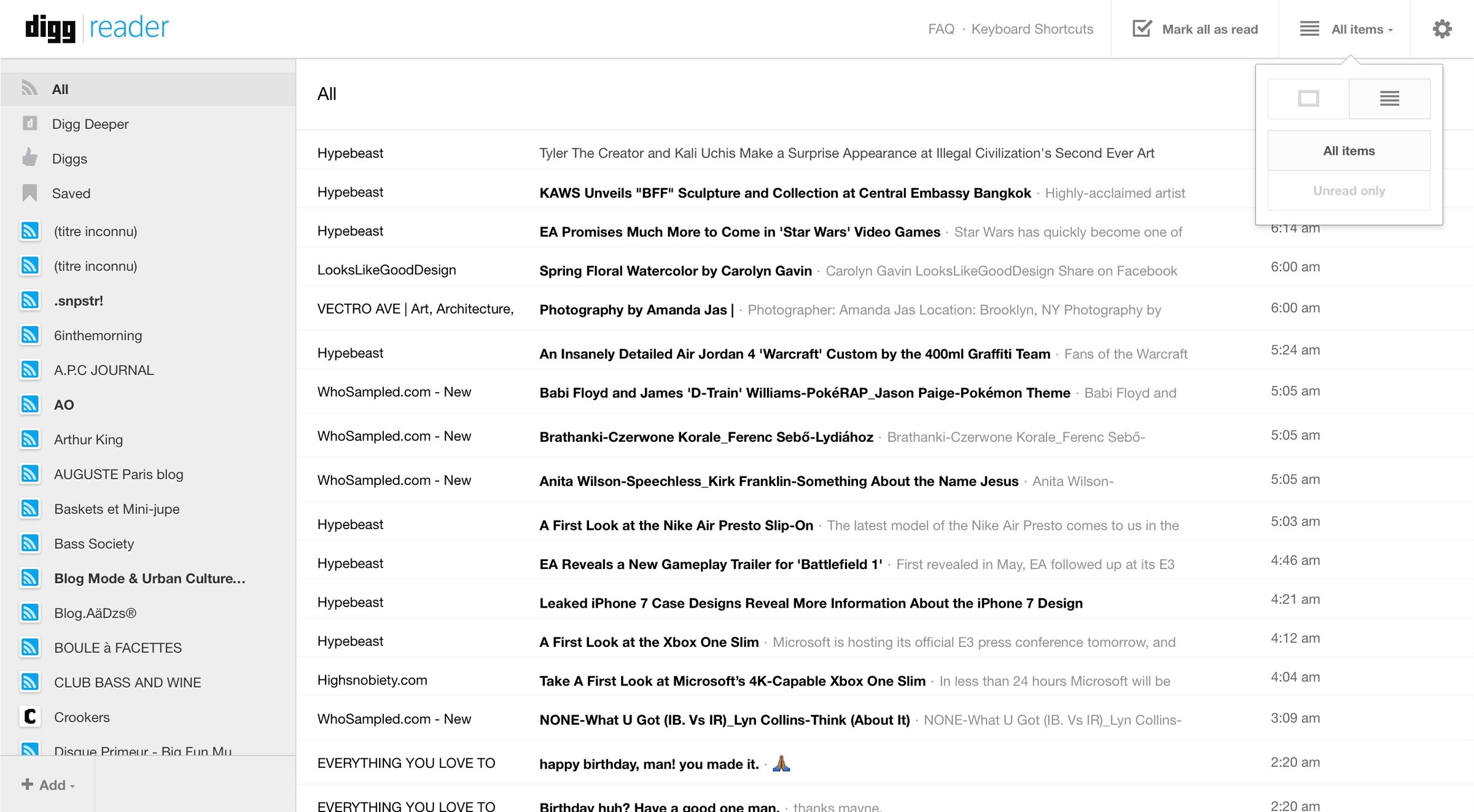 Digg reader - Dropdown screen