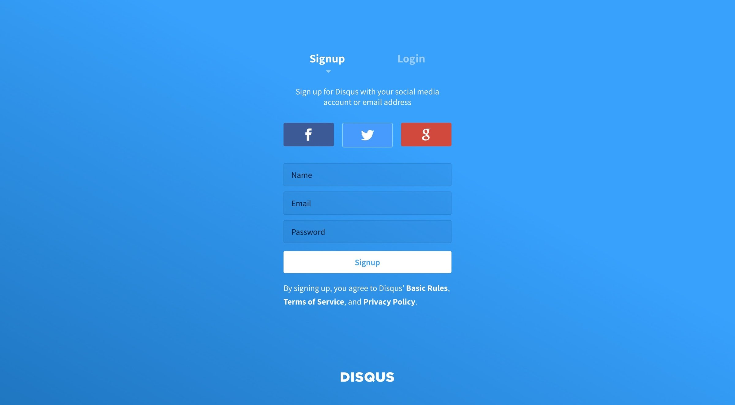 Disqus - Sign up screen