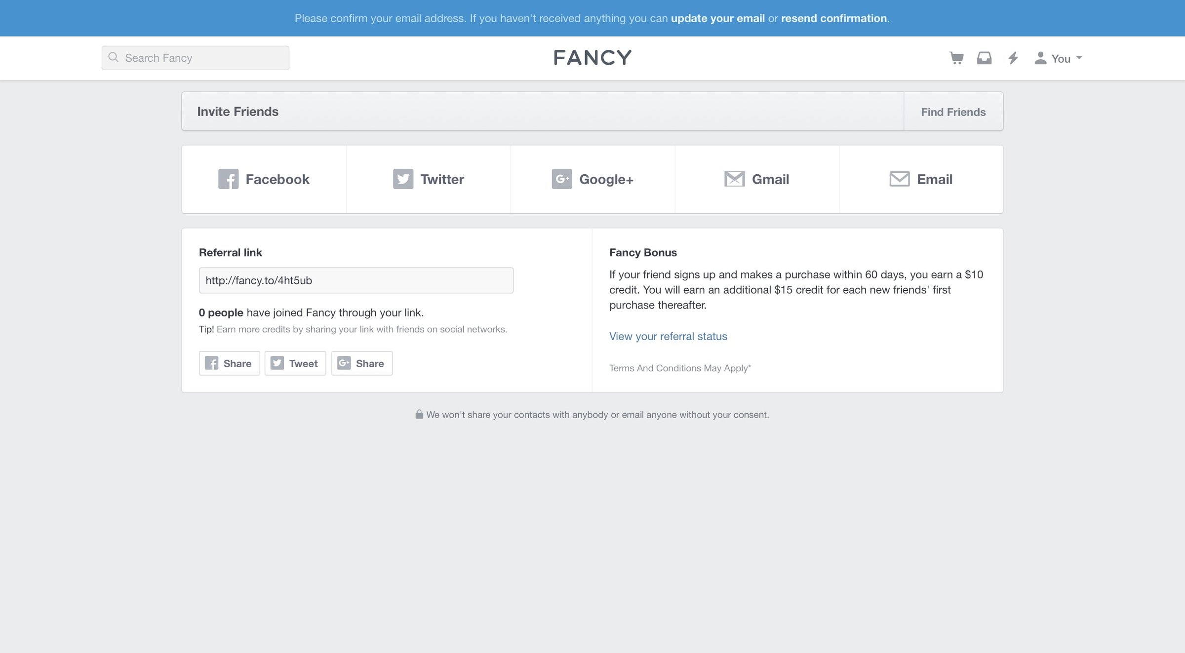 Fancy - Invite friends screen