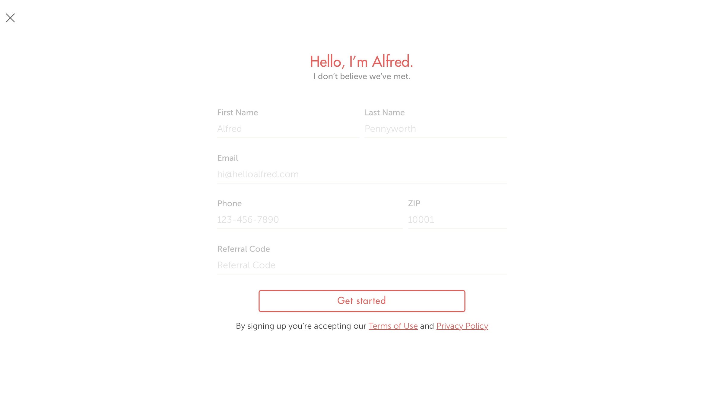 Hello Alfred - Sign up screen