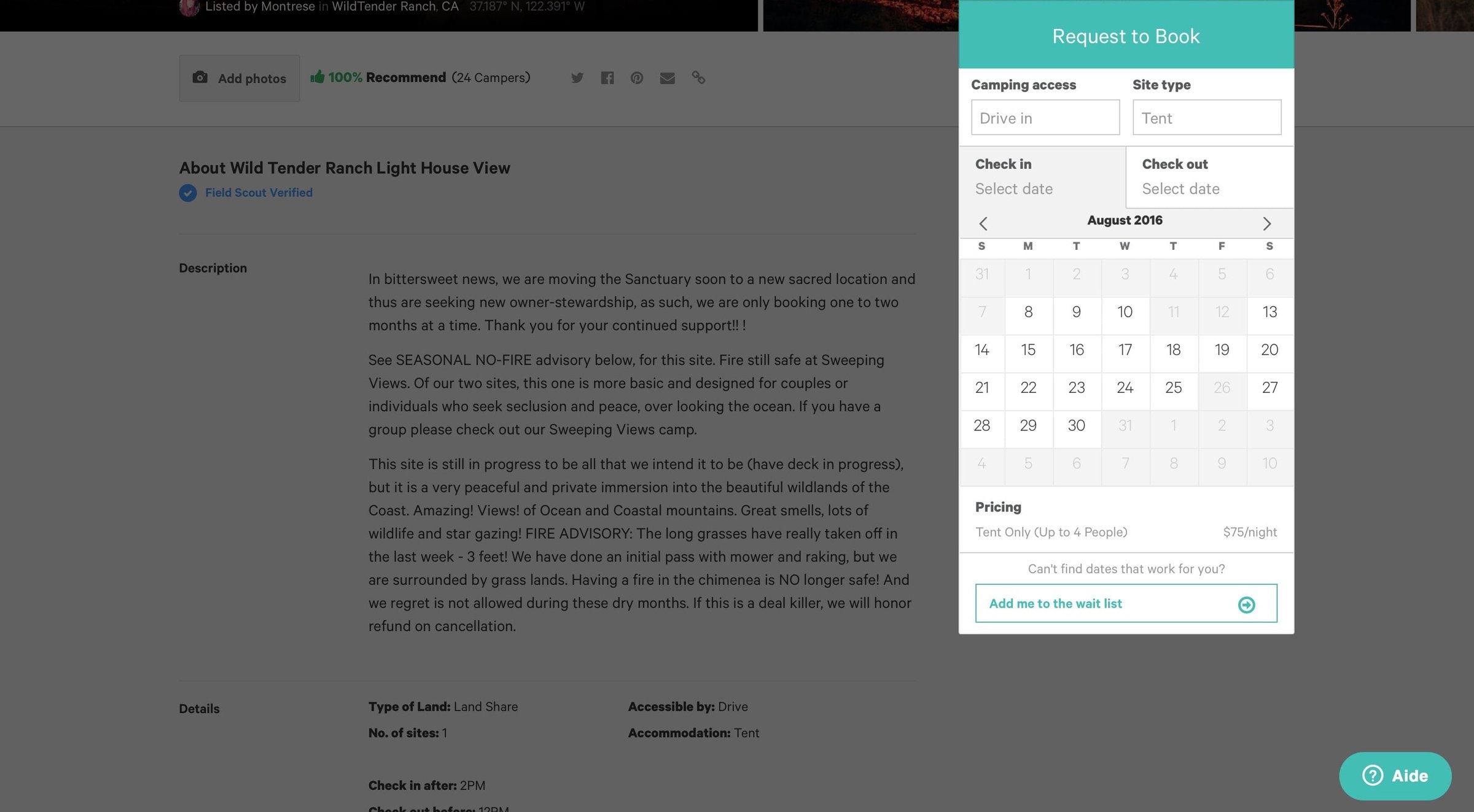 Hipcamp - Calendar screen