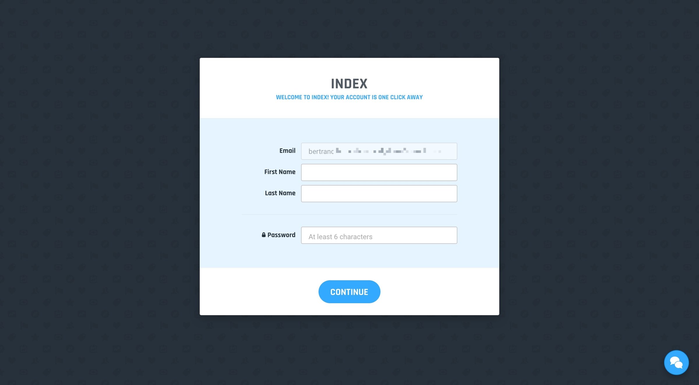 Index - Sign up screen