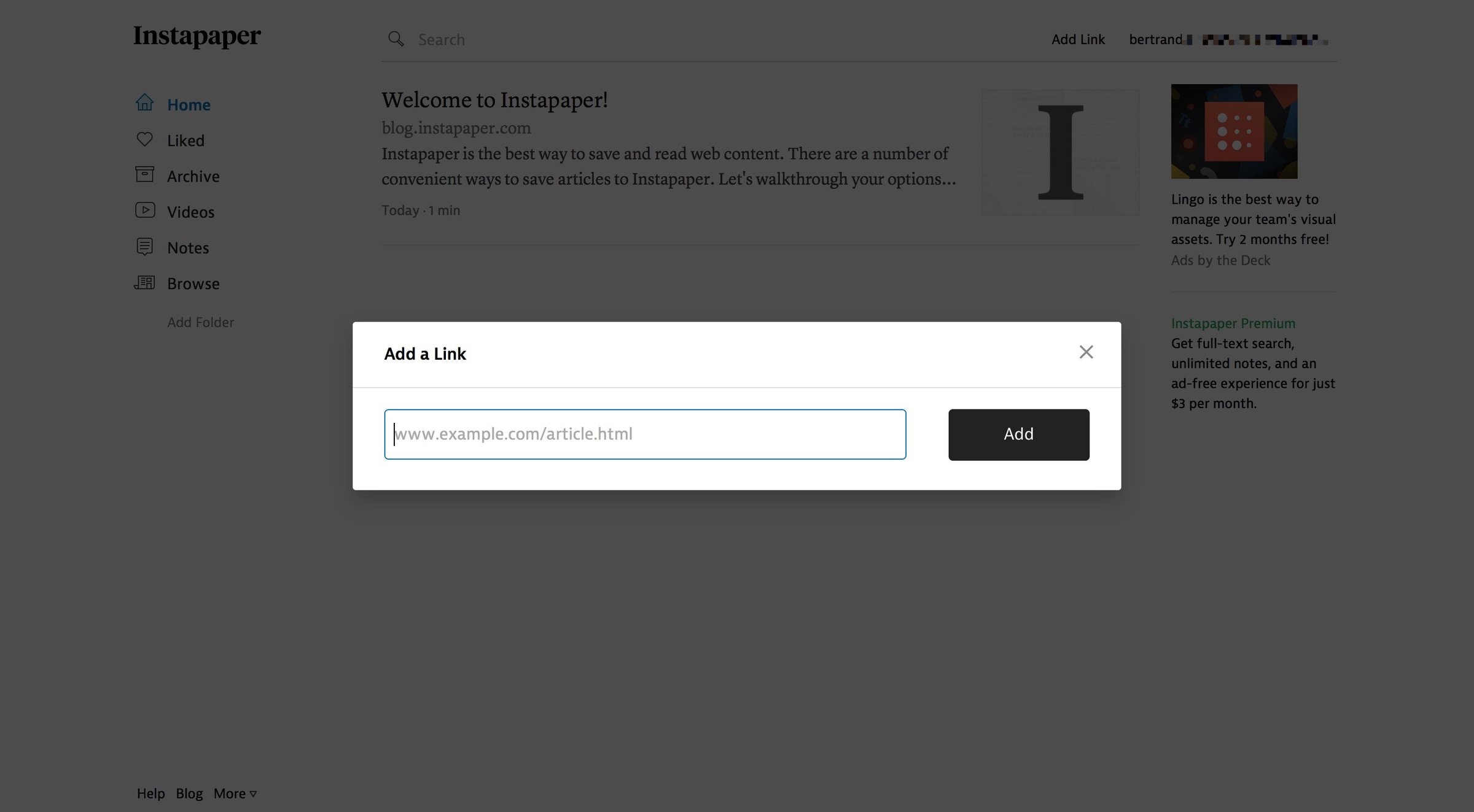 Instapaper - Create screen
