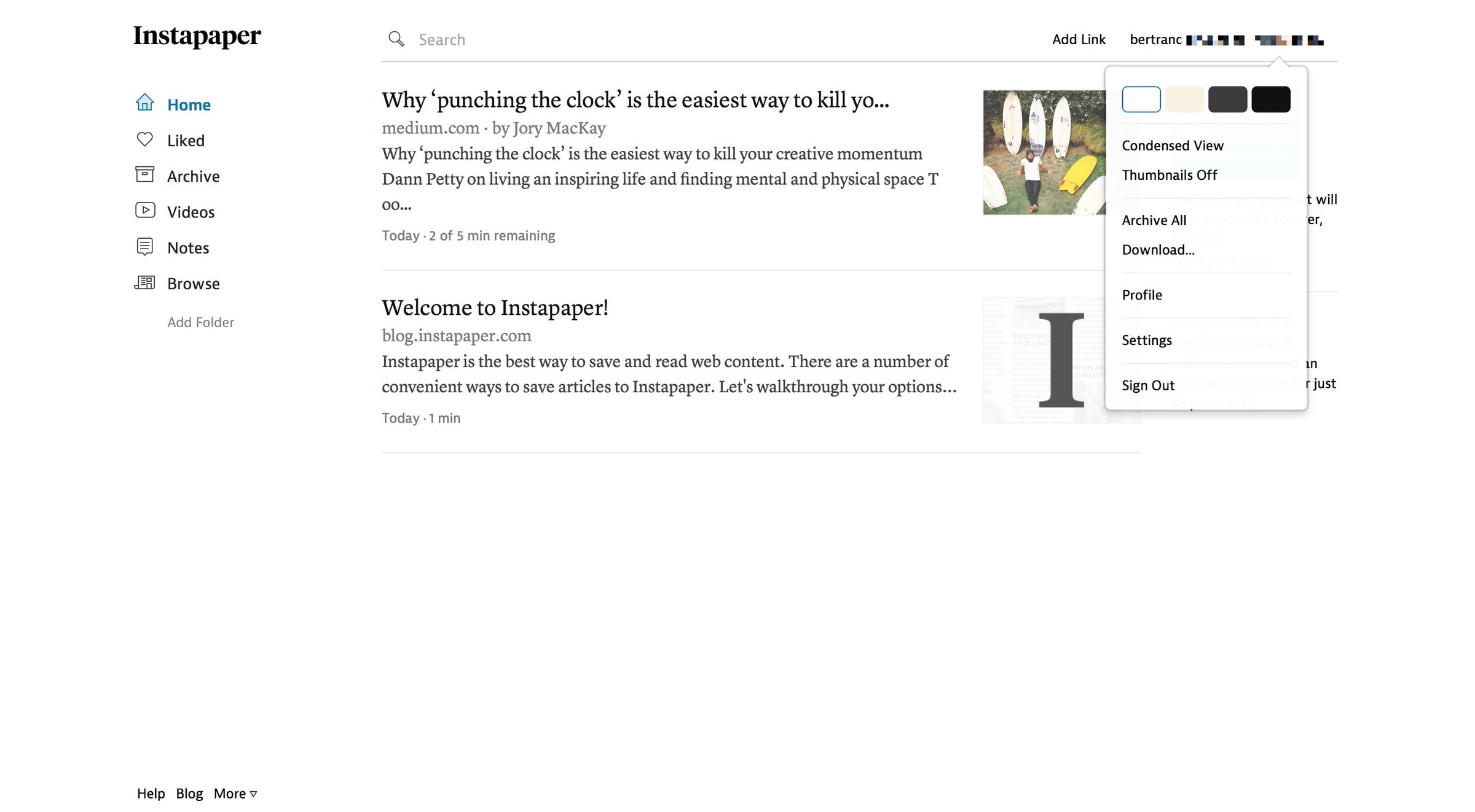 Instapaper - Settings screen
