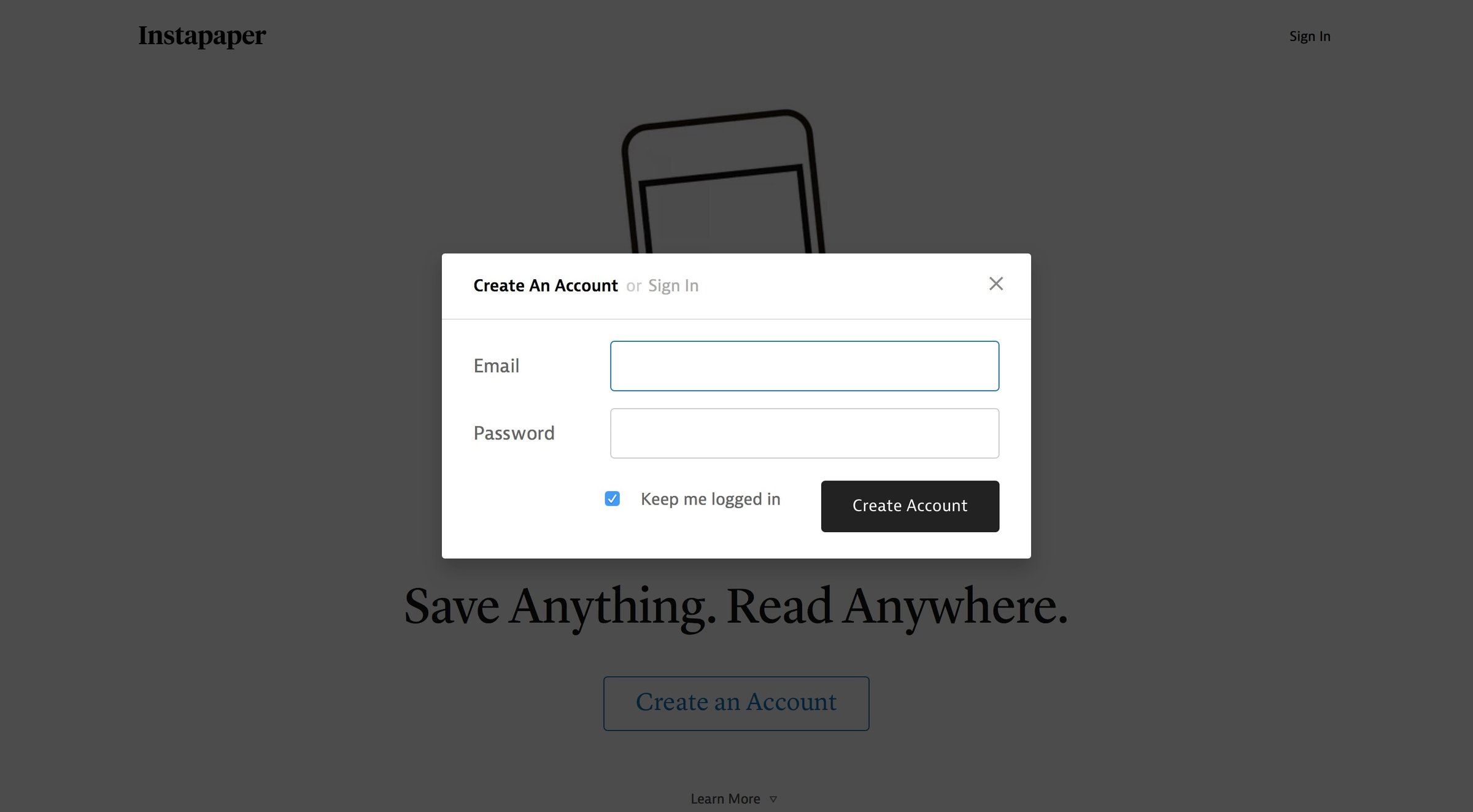 Instapaper - Sign up screen