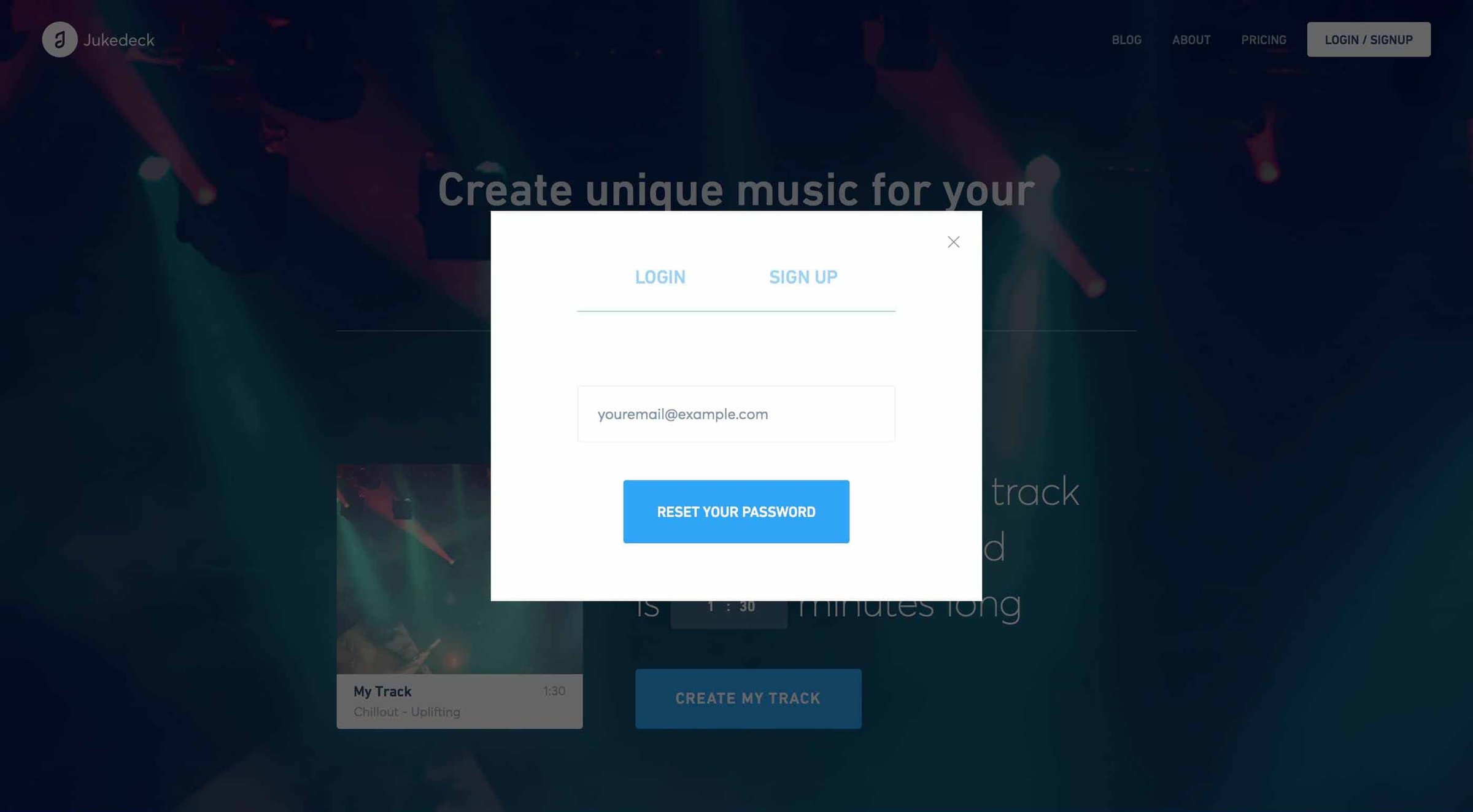 Jukedeck - Password reset screen