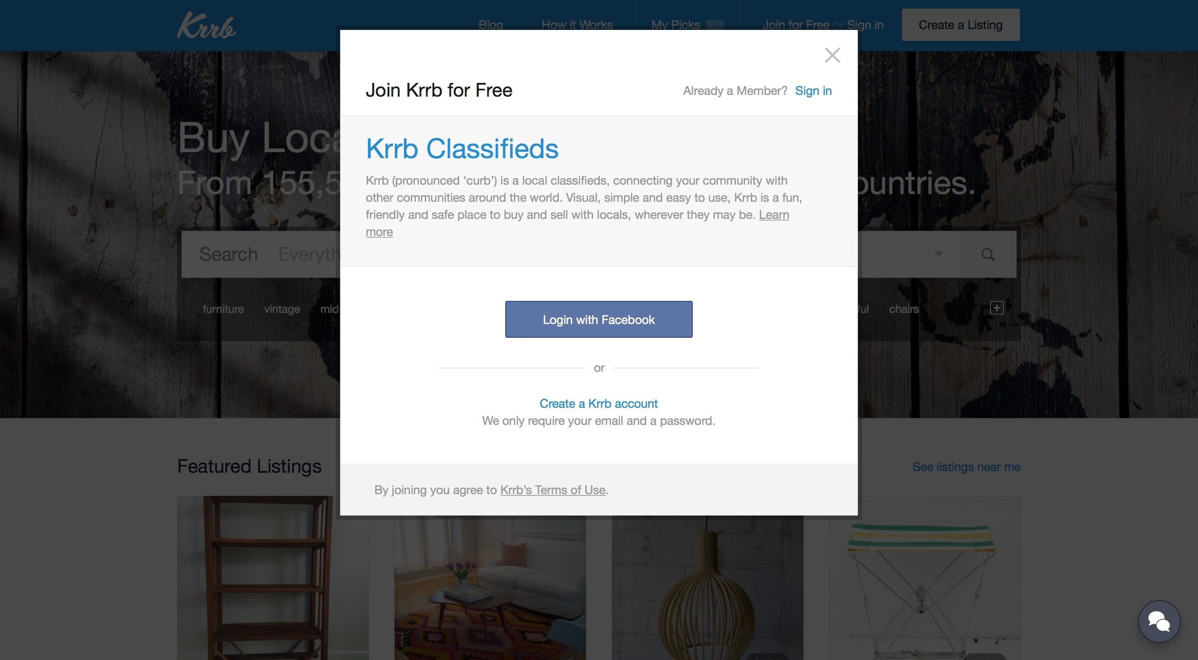 Krrb Classifieds - Sign up screen