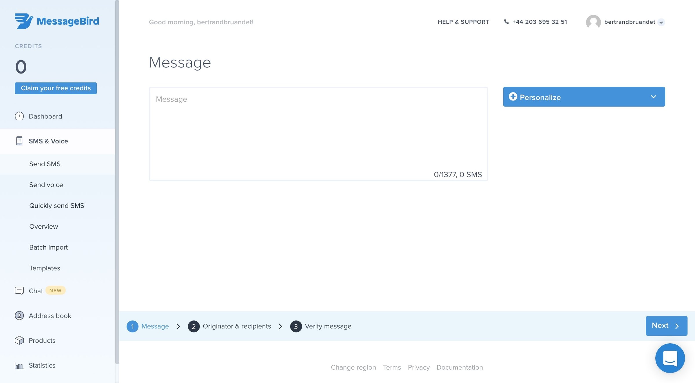 MessageBird - Create screen
