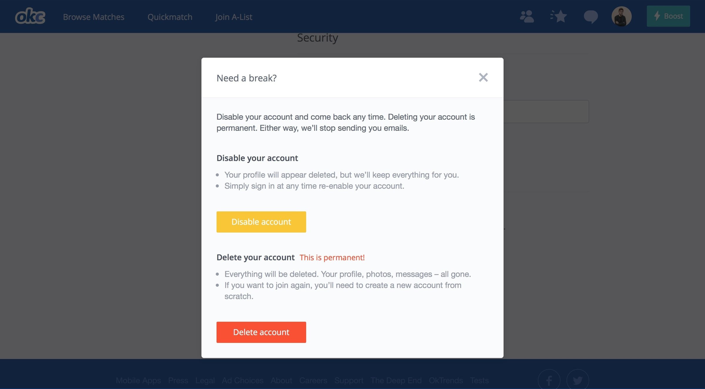 Delete account from OkCupid