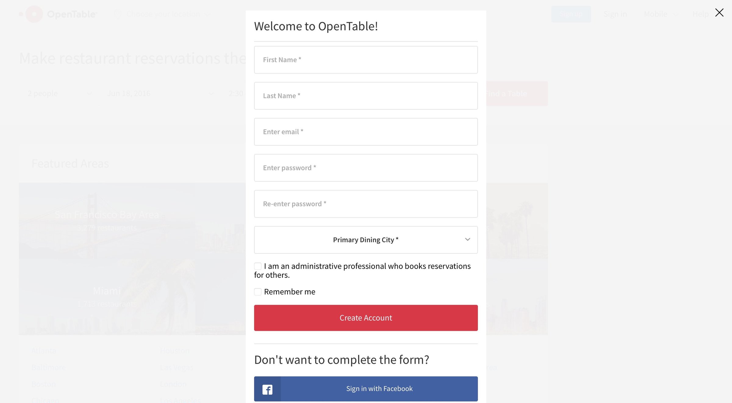 OpenTable - Sign up screen
