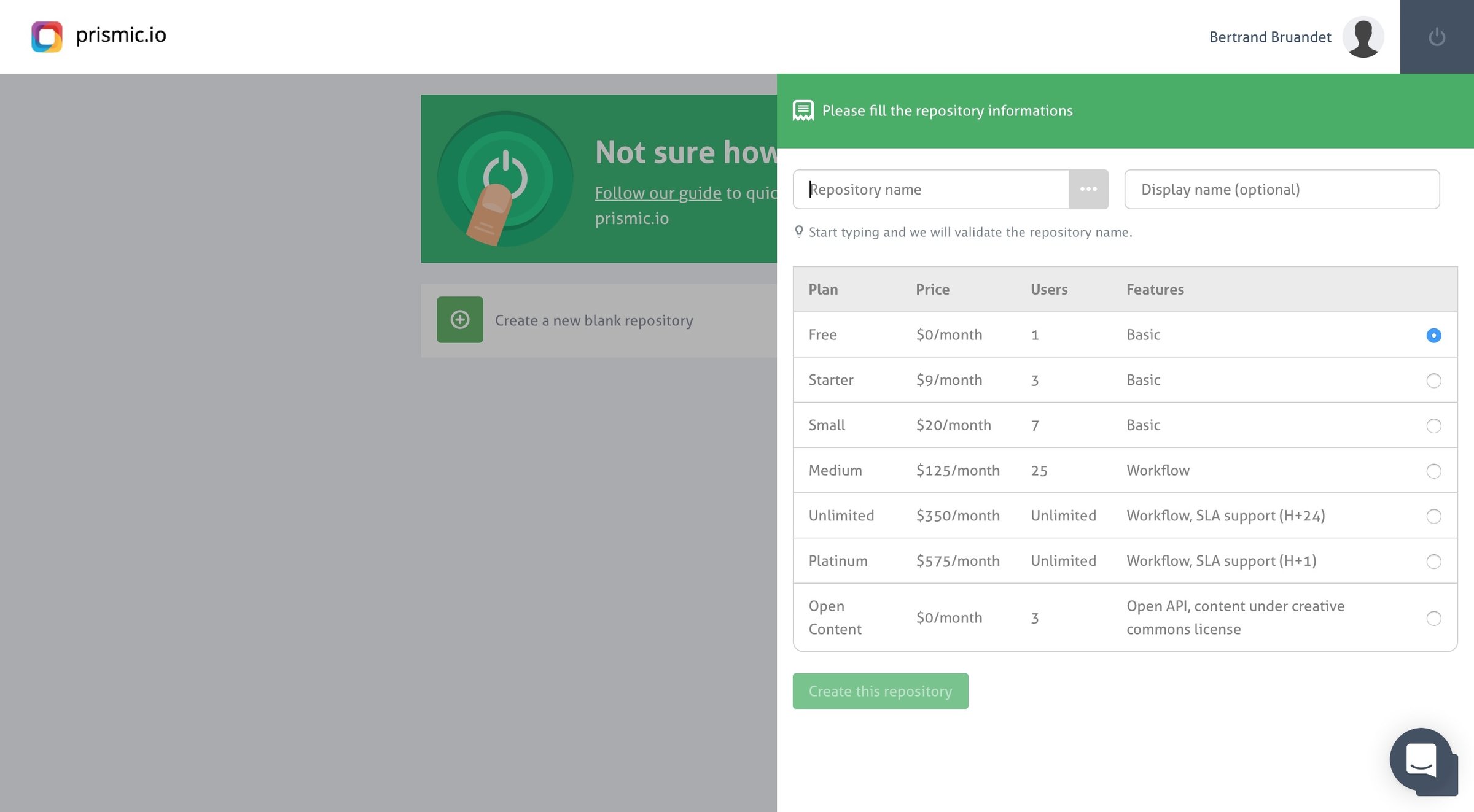 Prismic - Plans screen