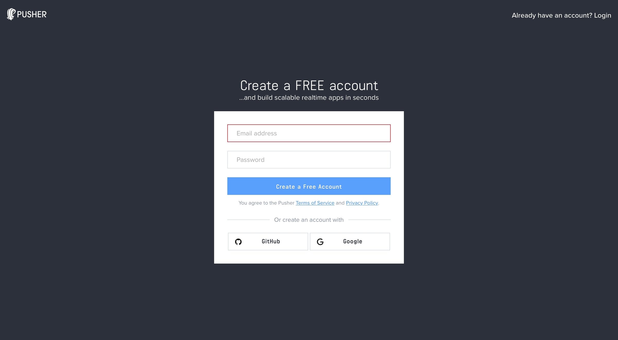 Sign up from Pusher