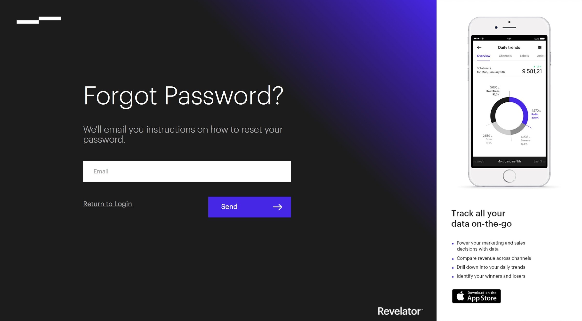 Revelator - Password reset screen