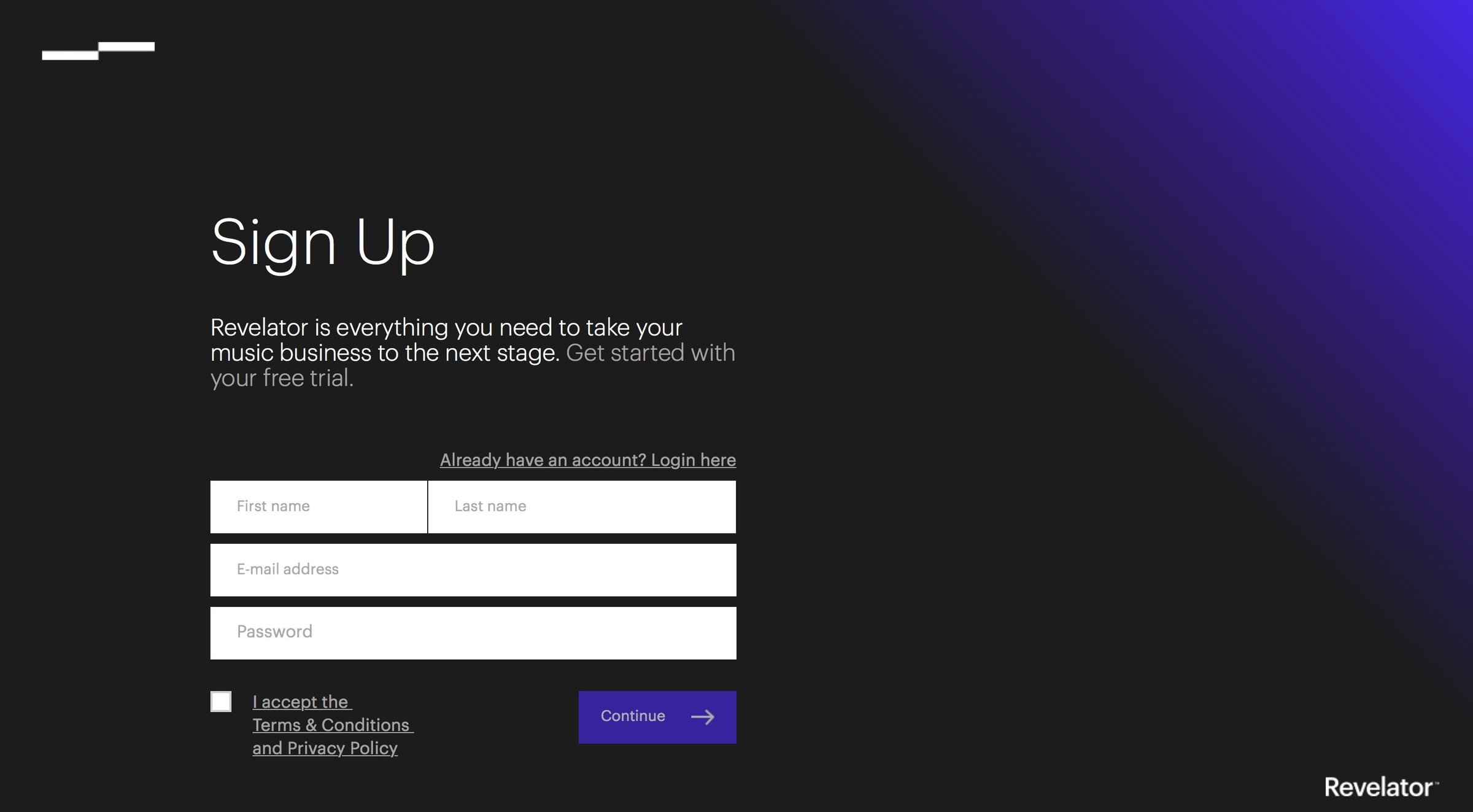 Revelator - Sign up screen