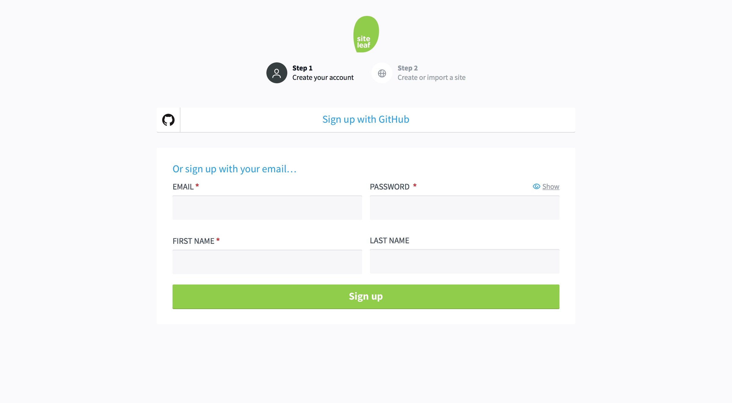 Siteleaf - Sign up screen