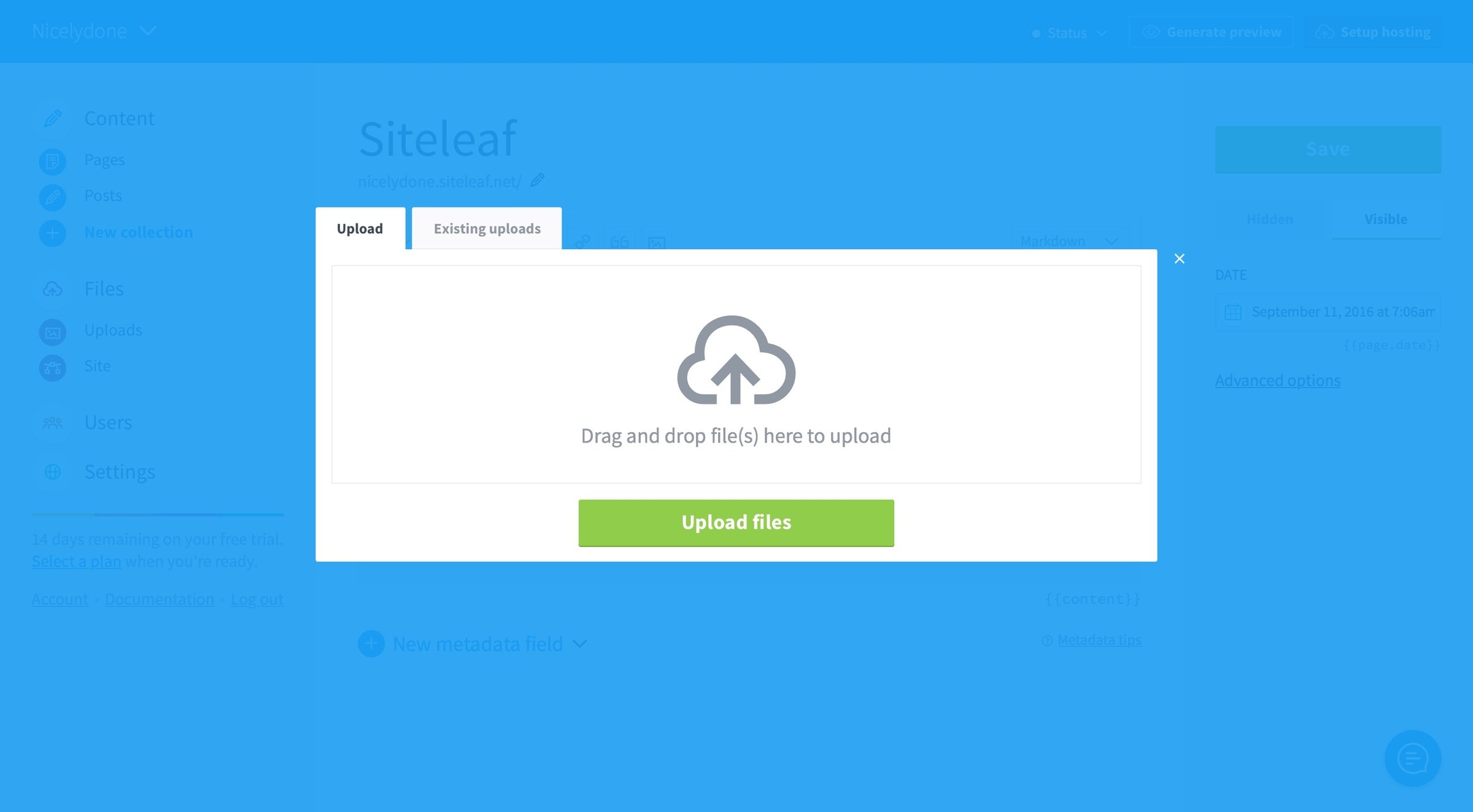 Siteleaf - Upload screen