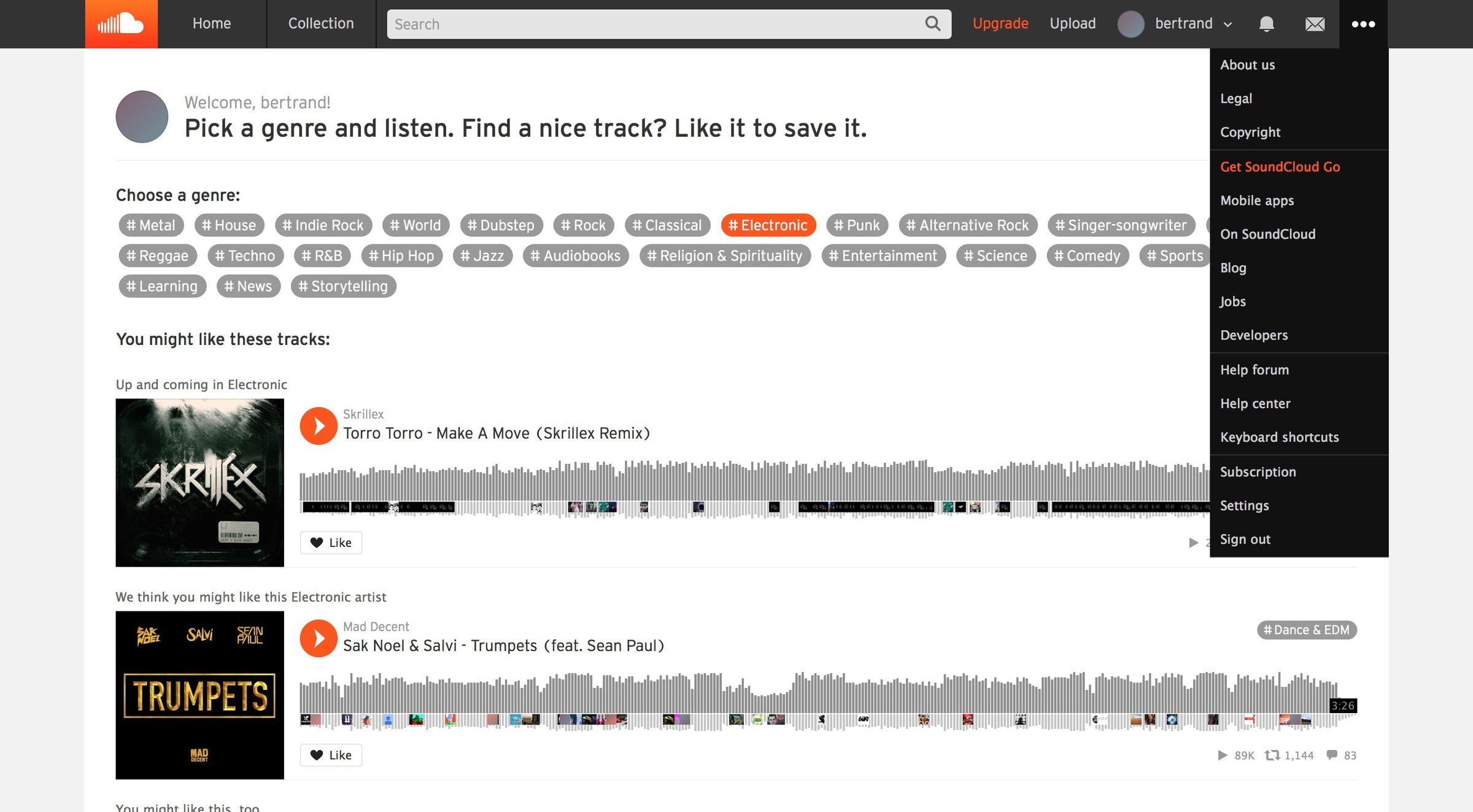 Soundcloud - Dropdown screen