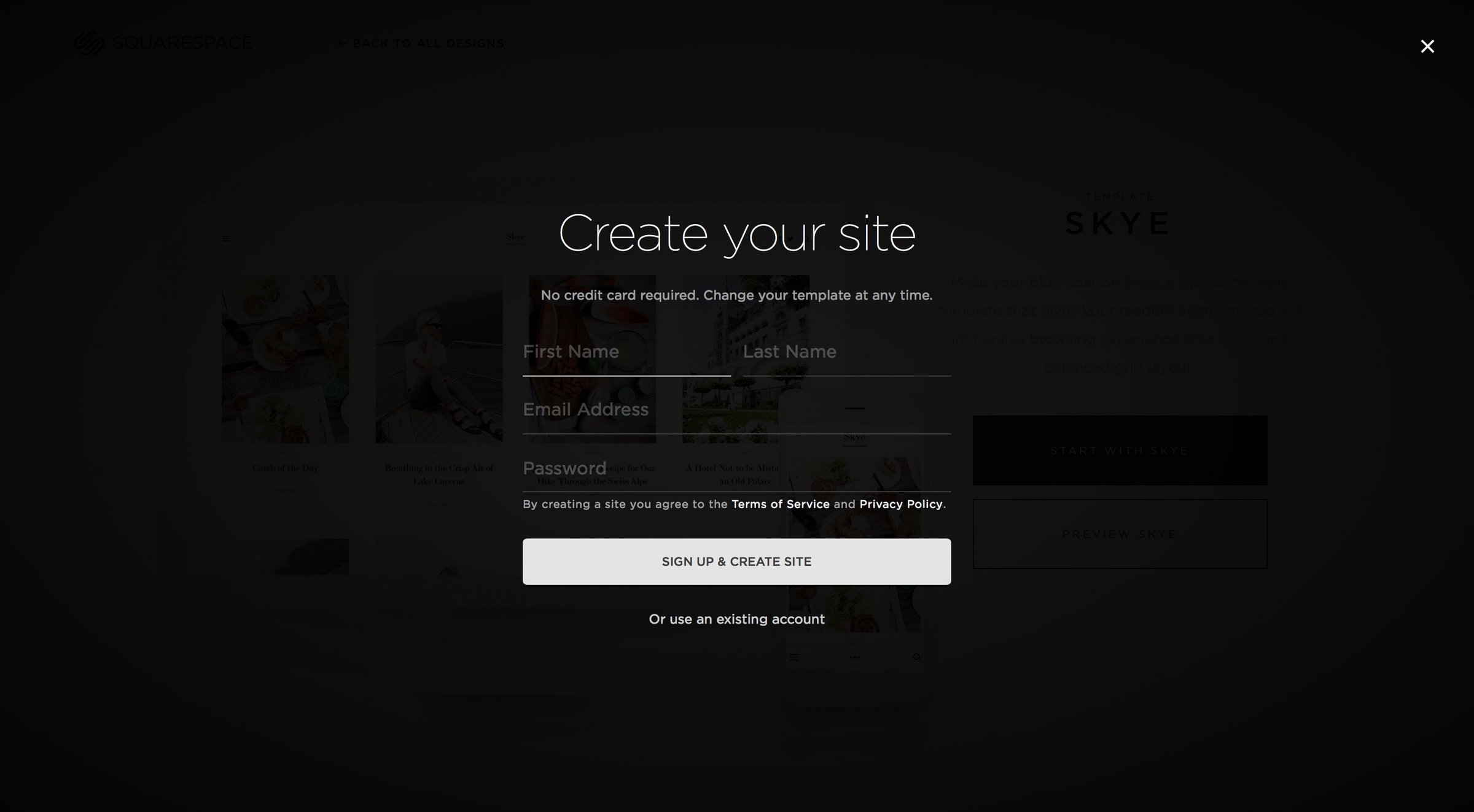 Squarespace - Sign up screen