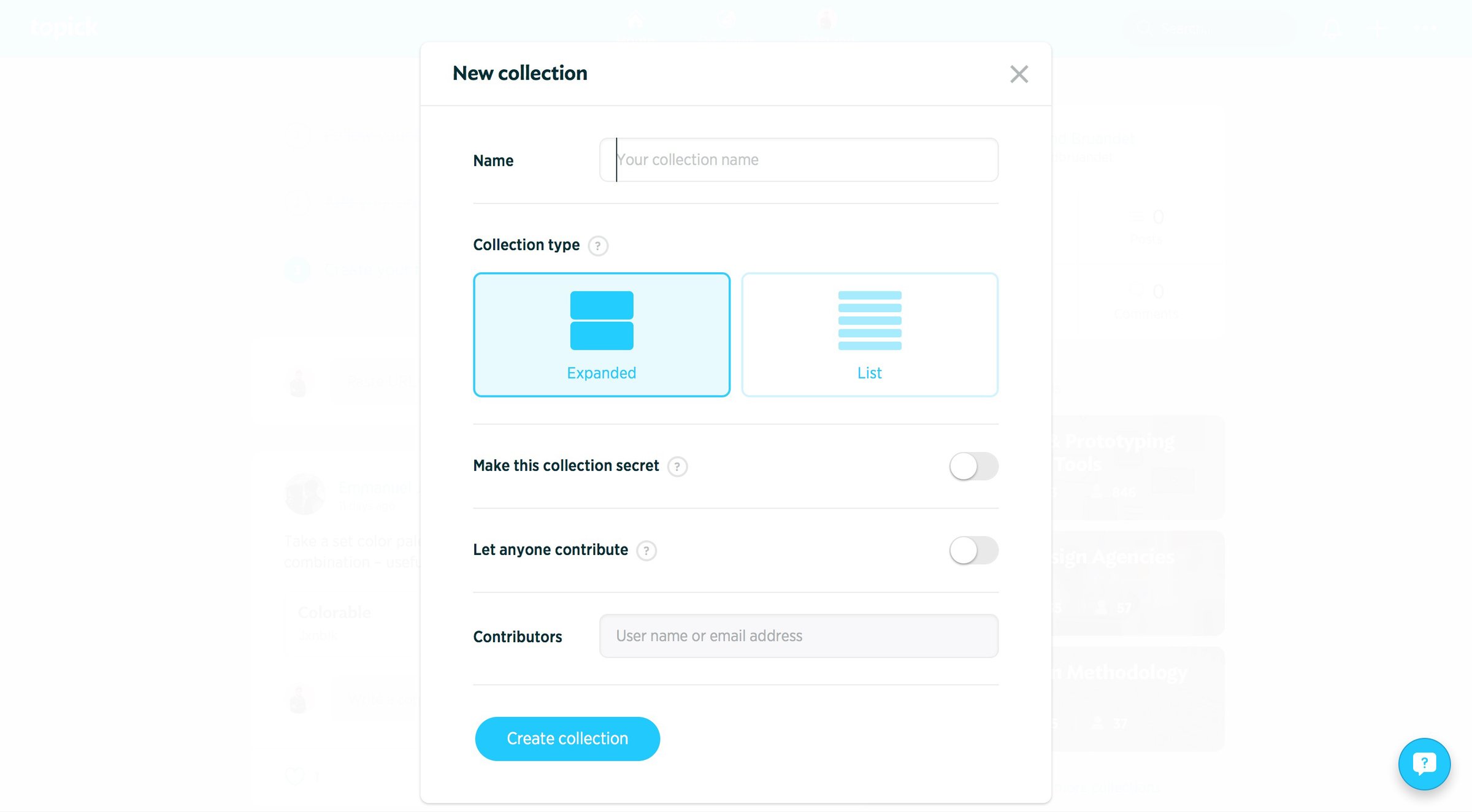 Topick - Create collection screen