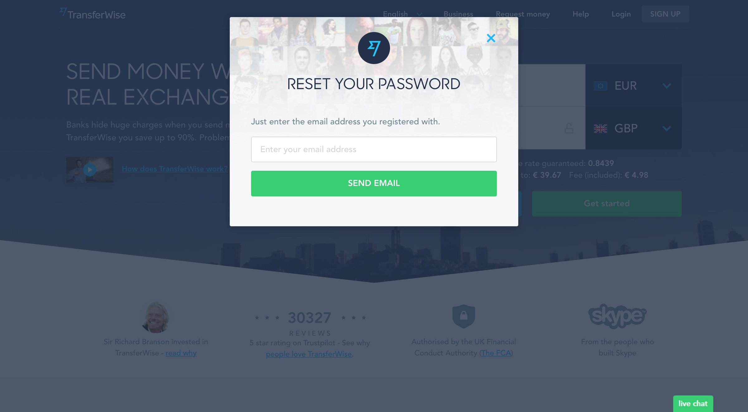 TransferWise - Password reset screen