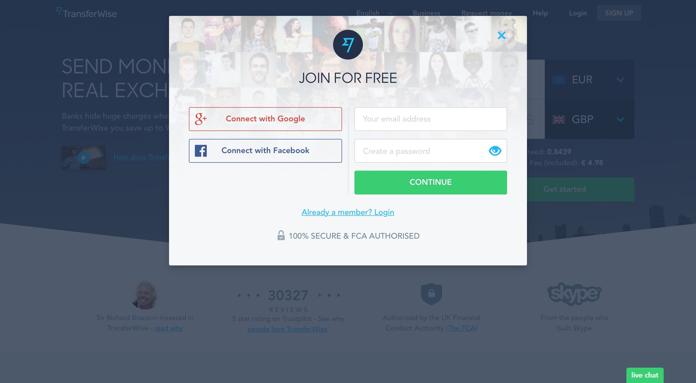TransferWise - Sign up screen