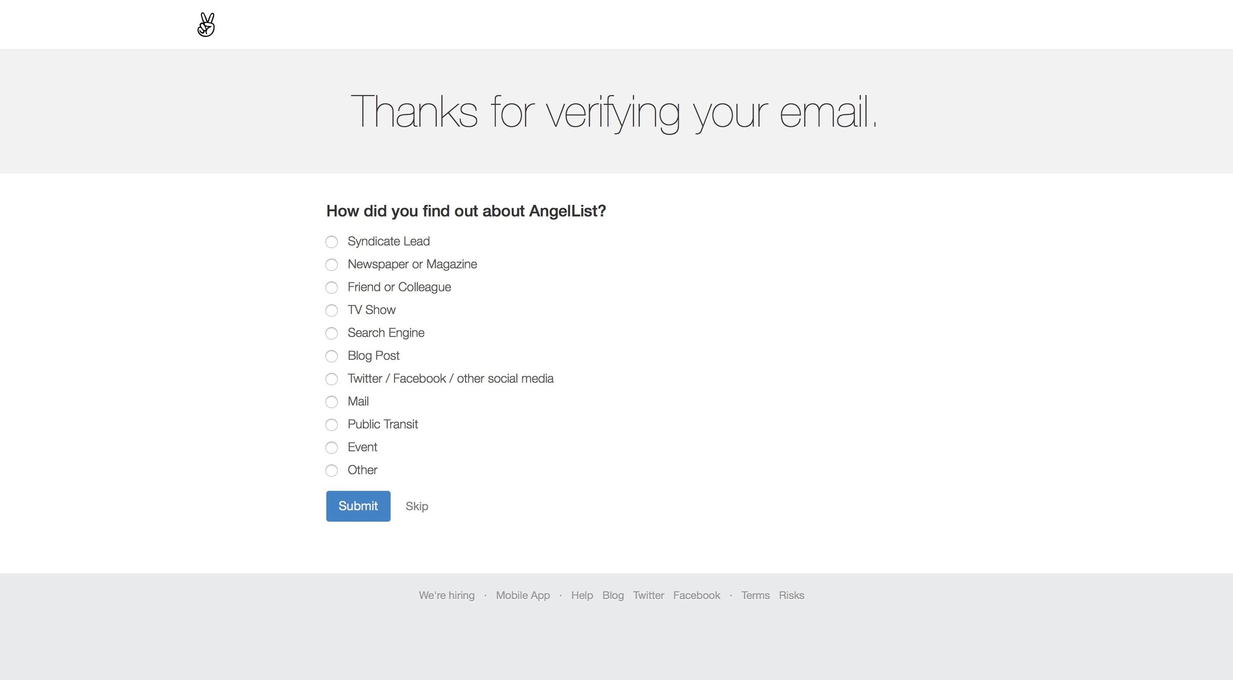 AngelList Talent - Sign up screen