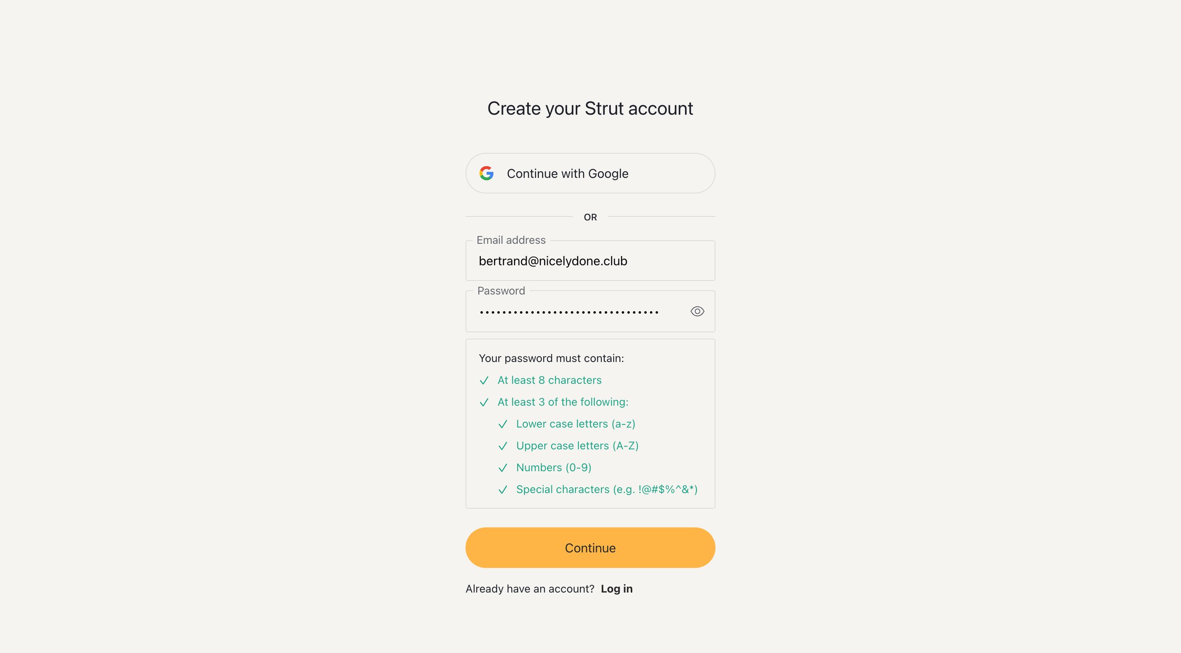 Strut - Sign up — Strut screen