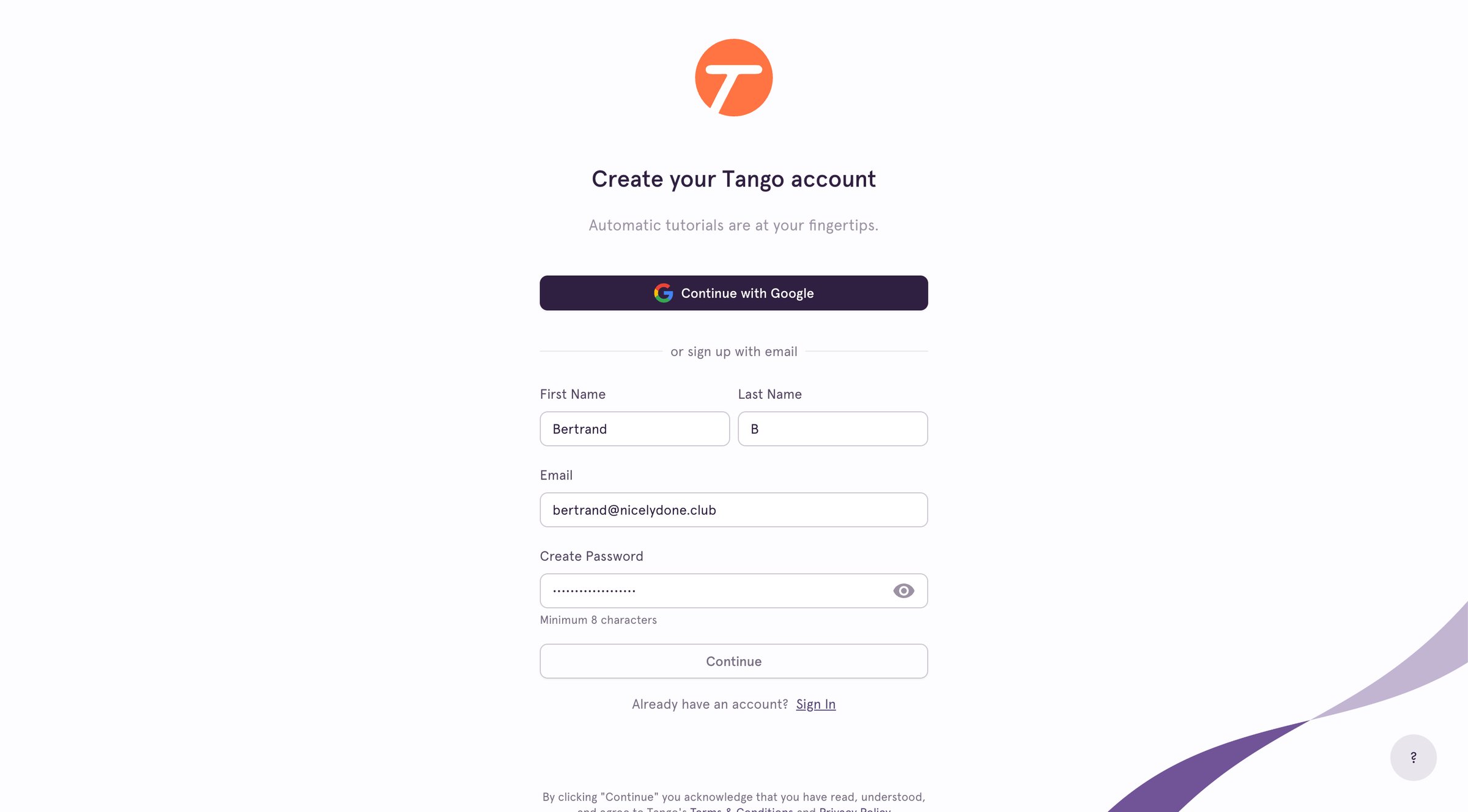 Tango - Sign Up screen