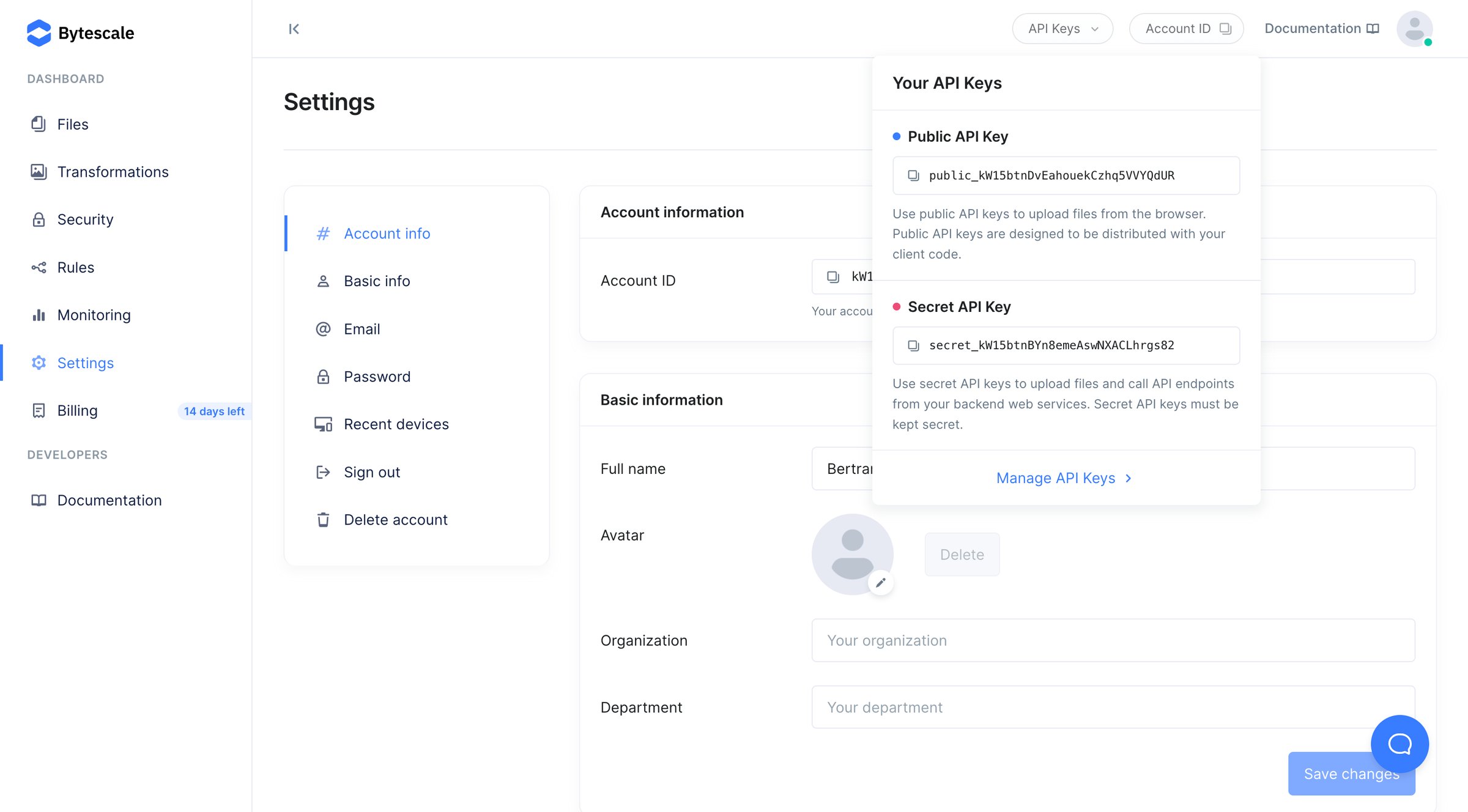 Bytescale - Settings | Bytescale screen