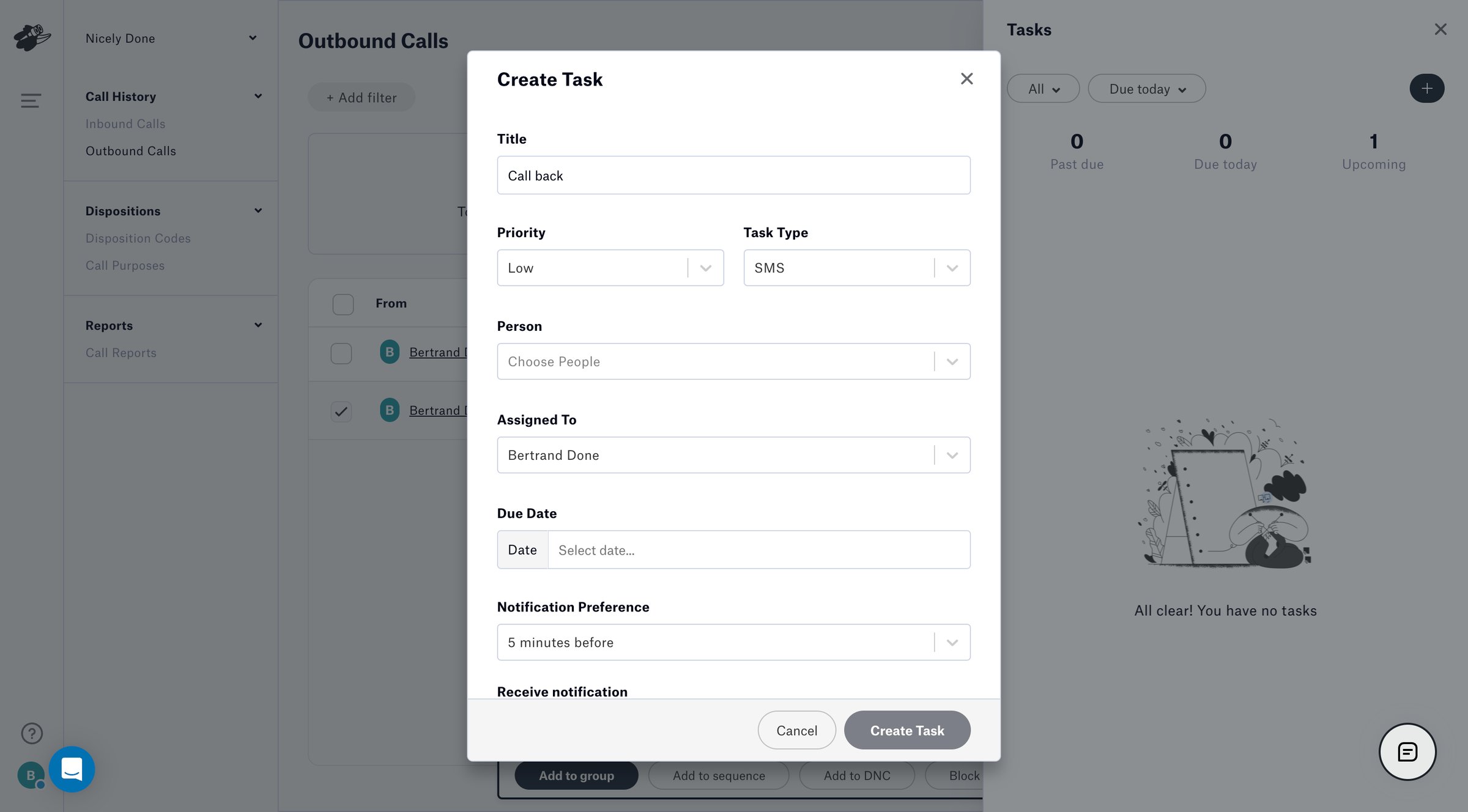Distrobird - Outbound Calls screen