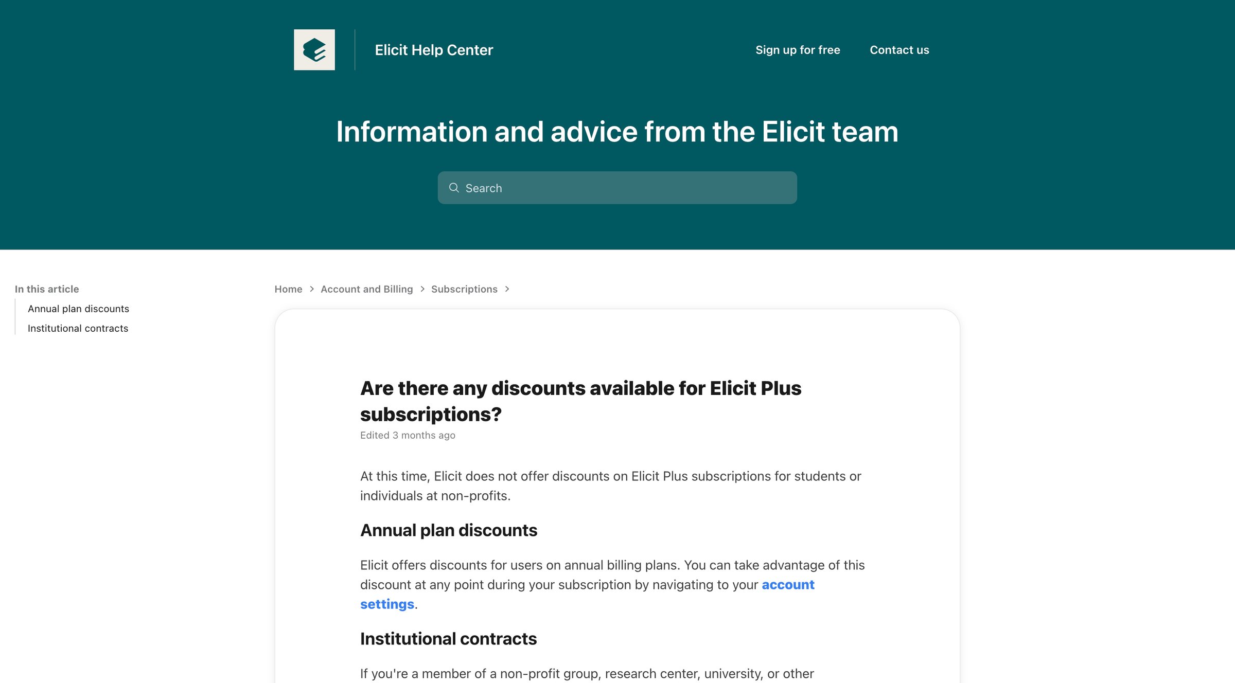 Elicit - Are there any discounts available for Elicit Plus subscriptions screen